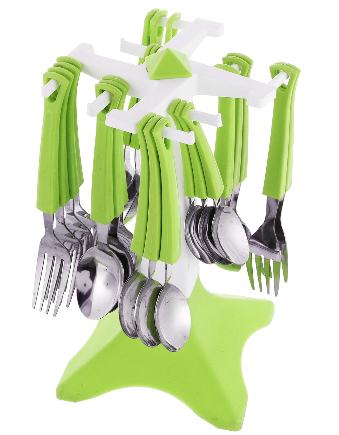 Kuber Industries Swastic Cutlery Set 24 pcs with Stand Made from Stainless Steel and ABS Plastic (Green) -CTKTC39444