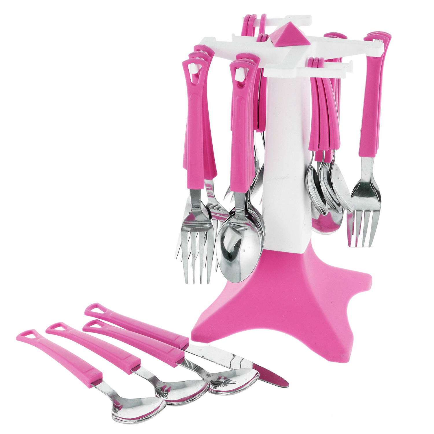 Kuber Industries Swastic Cutlery Set 24 pcs with Stand Made from Stainless Steel and ABS Plastic (Pink) -CTKTC39440