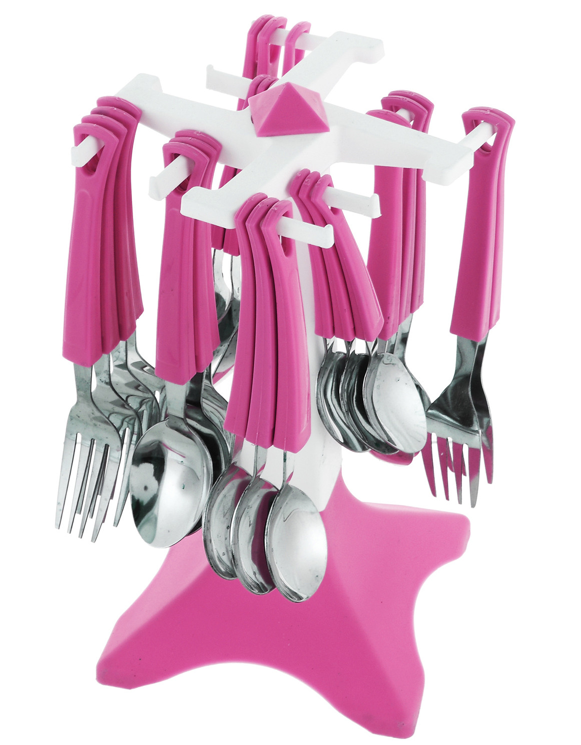 Kuber Industries Swastic Cutlery Set 24 pcs with Stand Made from Stainless Steel and ABS Plastic (Pink) -CTKTC39440