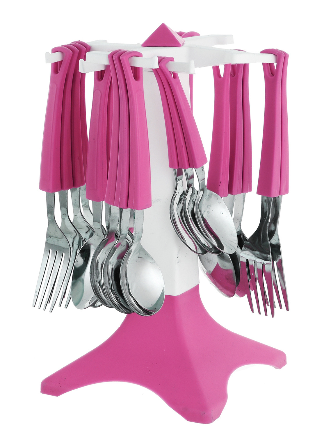 Kuber Industries Swastic Cutlery Set 24 pcs with Stand Made from Stainless Steel and ABS Plastic (Pink) -CTKTC39440