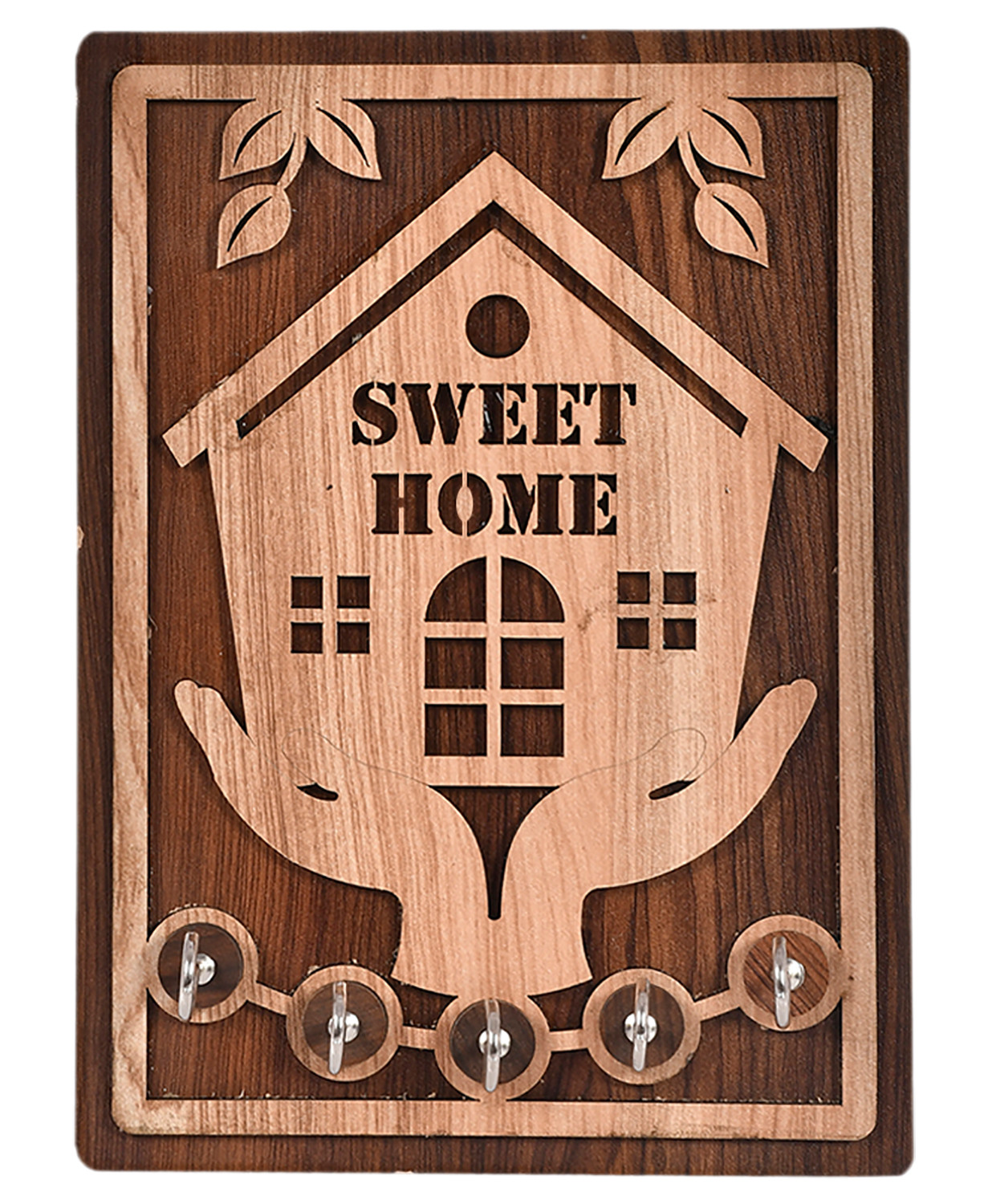 Kuber Industries Sweet Home Design Wooden Wall Key Holder With 5 Hooks (Brown)-45KM053