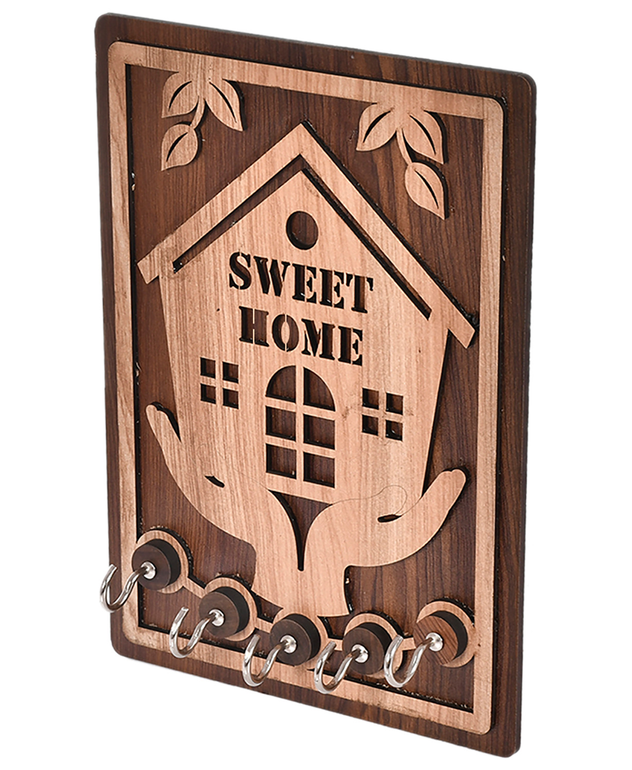 Kuber Industries Sweet Home Design Wooden Wall Key Holder With 5 Hooks (Brown)-45KM053