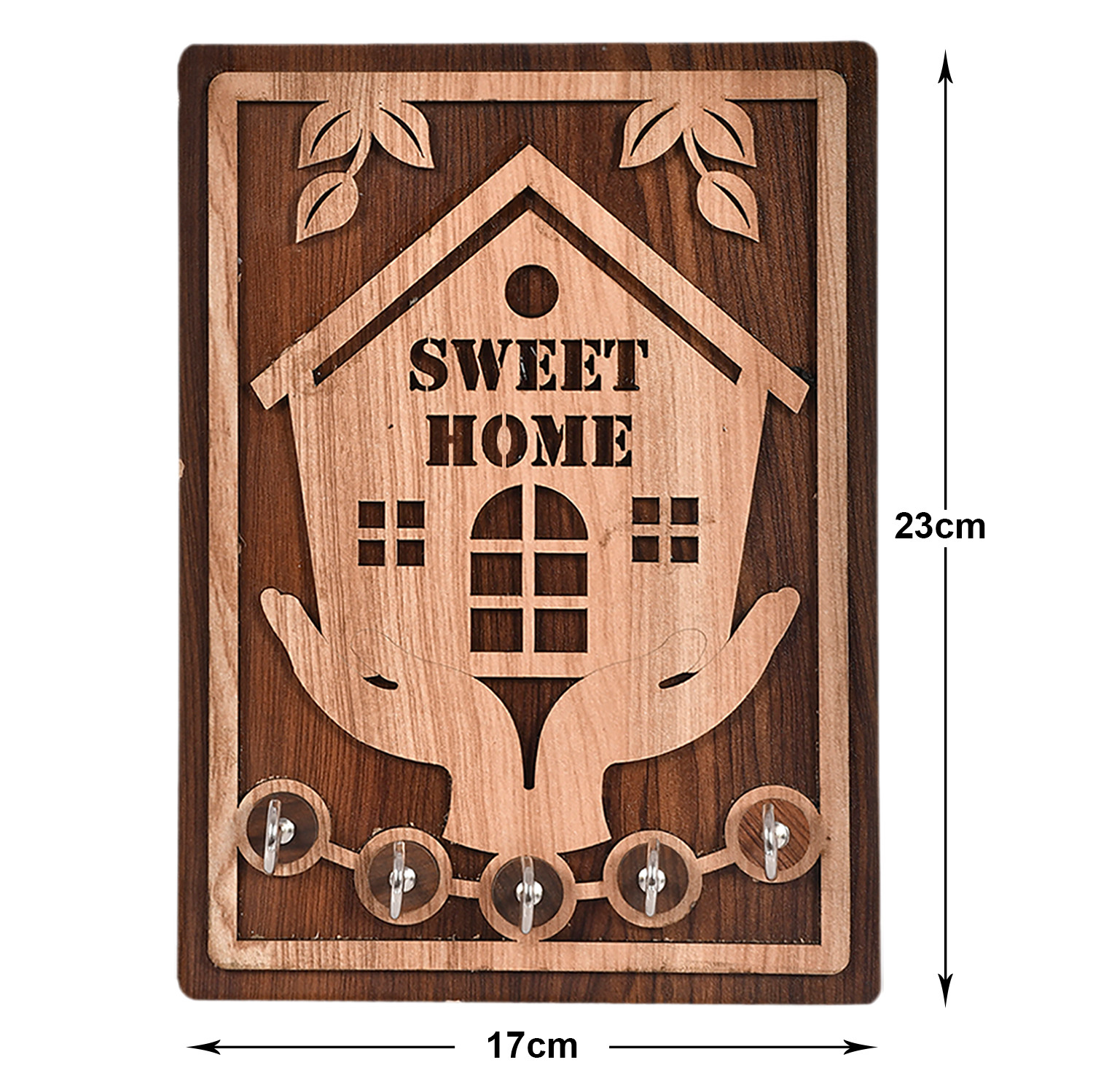 Kuber Industries Sweet Home Design Wooden Wall Key Holder With 5 Hooks (Brown)-45KM053
