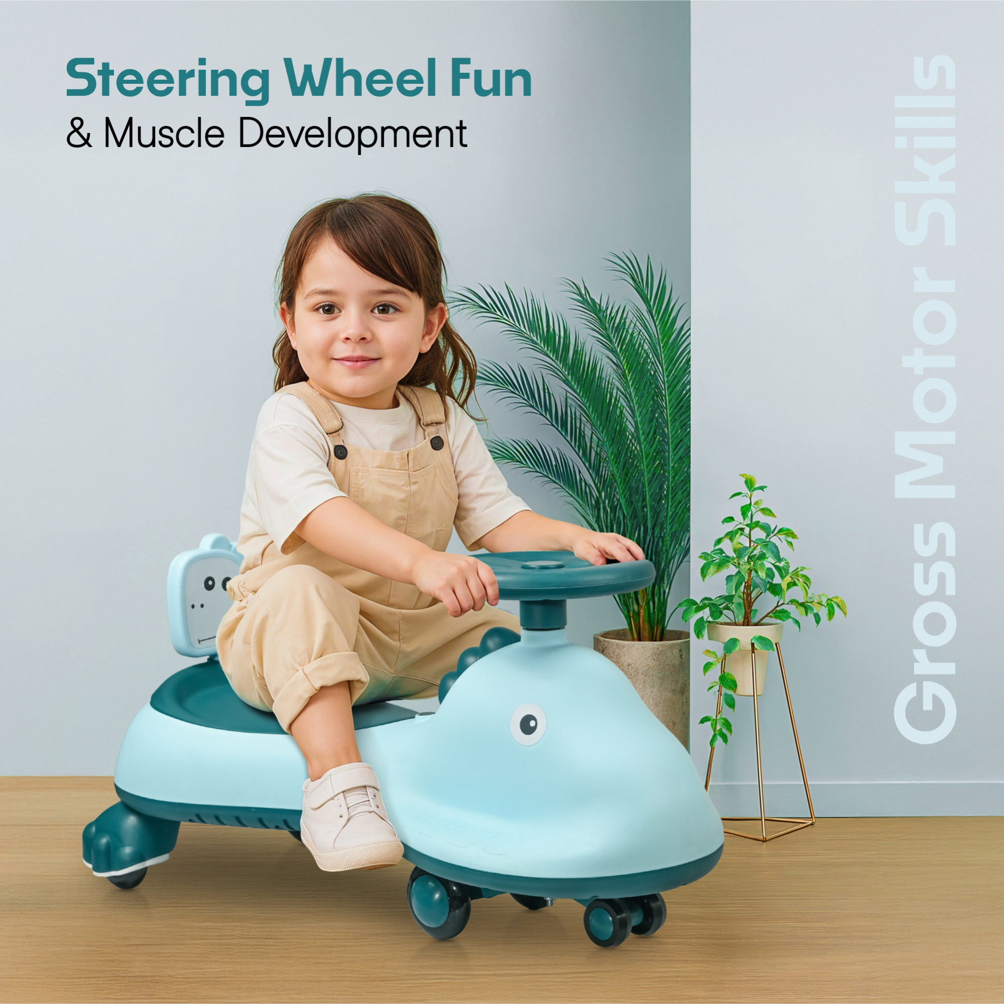 Kuber Industries Swing Car for Kids 3 Years  Twister Push Ride 360 Rotating  PU Wheels  80 Kg Weight Capacity  Sky Blue - Shark