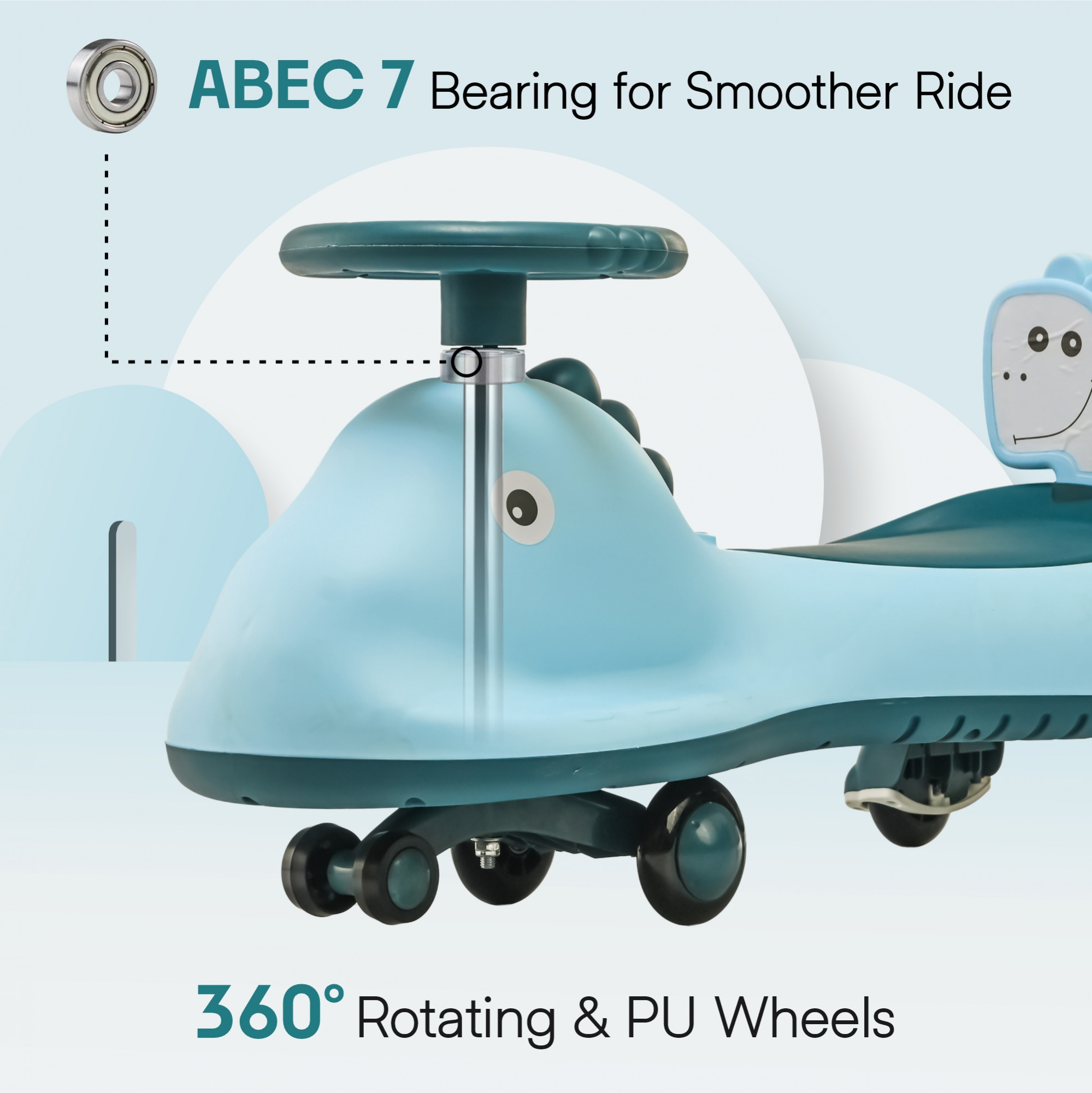 Kuber Industries Swing Car for Kids 3 Years  Twister Push Ride 360 Rotating  PU Wheels  80 Kg Weight Capacity  Sky Blue - Shark