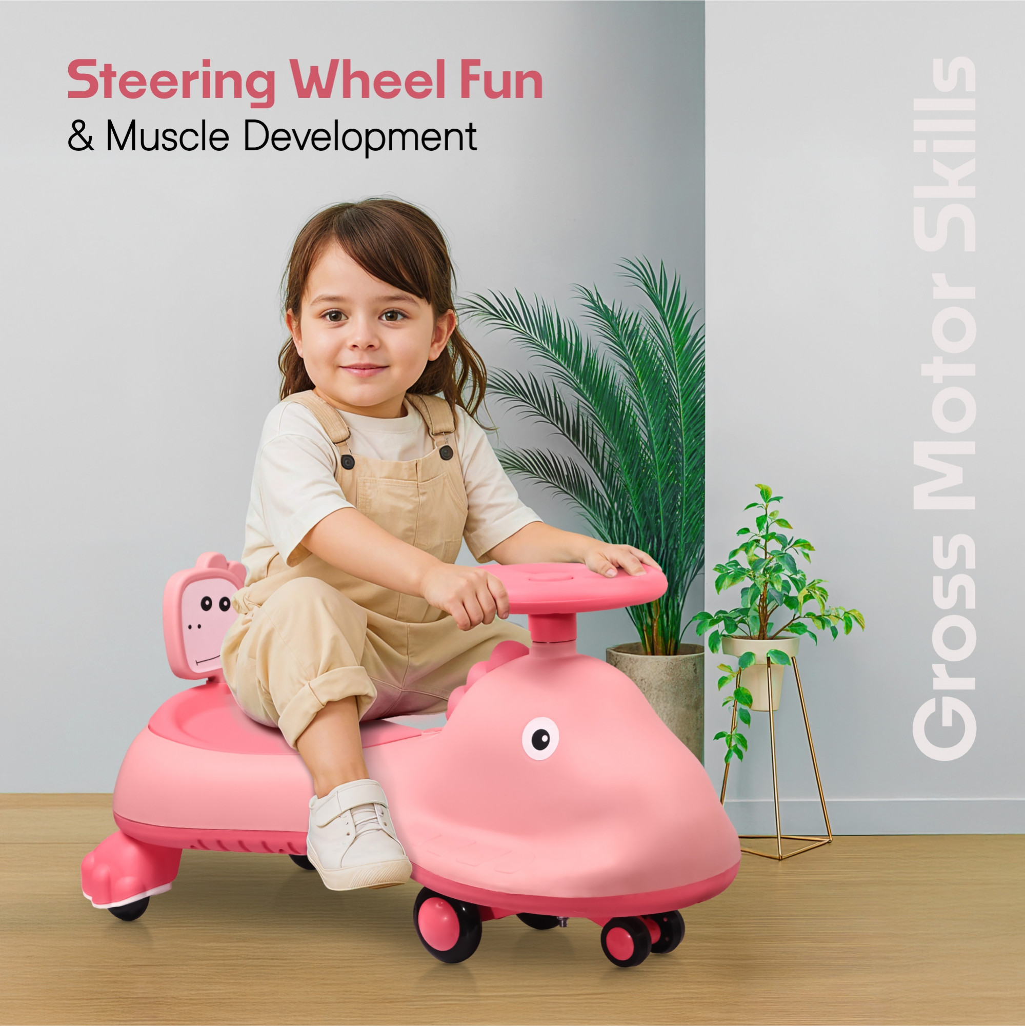 Kuber Industries Swing Car for Kids 3 Years  Twister Push Ride 360 Rotating  PU Wheels  80 Kg Weight Capacity  Pink - Shark