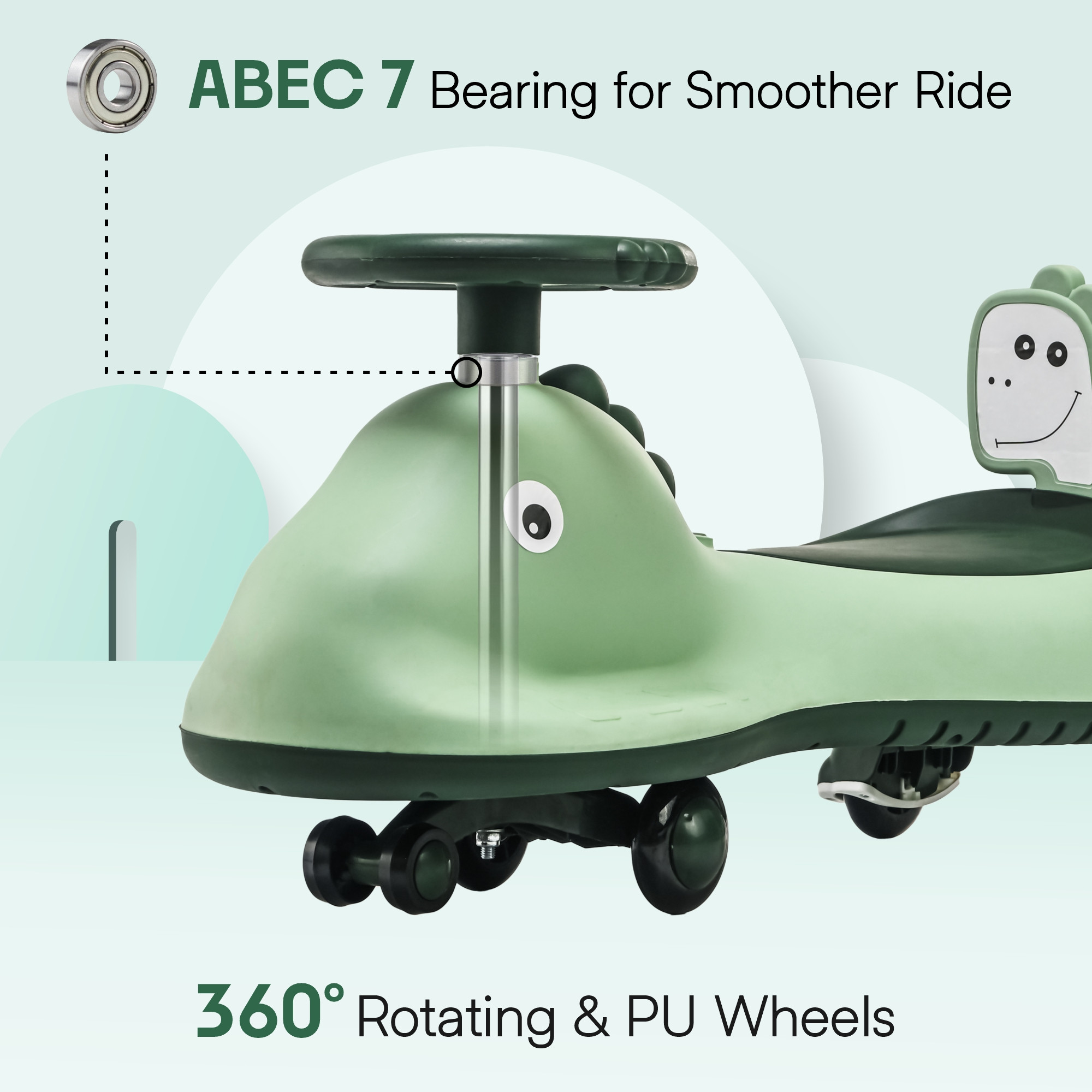 Kuber Industries Swing Car for Kids 3 Years  Twister Push Ride 360 Rotating  PU Wheels  80 Kg Weight Capacity  Green - Shark