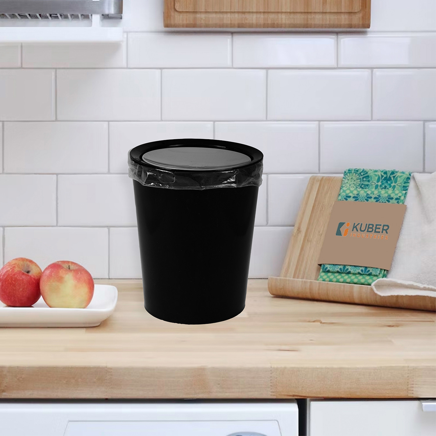 Kuber Industries Swinging Lid Dustbin|Plastic Garbage Waste Bin|Grey Lid Trash Can for Living Room|Kitchen|Office|6 Litre (Black)