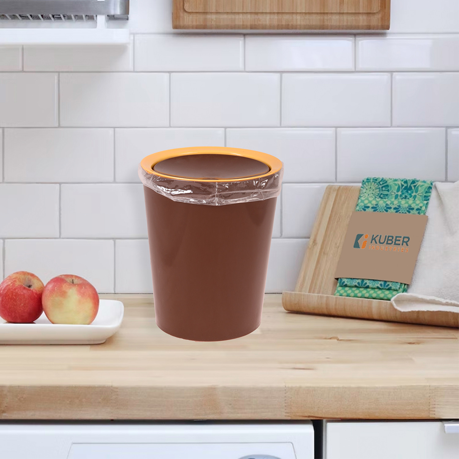 Kuber Industries Swinging Lid Dustbin|Plastic Garbage Waste Bin|Trash Can for Living Room|Kitchen|Office|6 Litre (Brown)