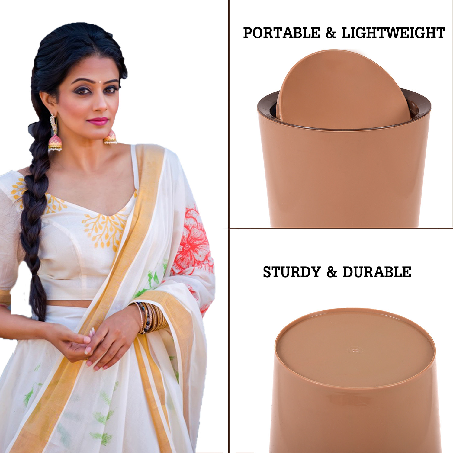 Kuber Industries Swinging Lid Dustbin|Plastic Garbage Waste Bin|Trash Can for Living Room|Kitchen|Office|6 Litre|Pack of 2 (Peach & Coffee)