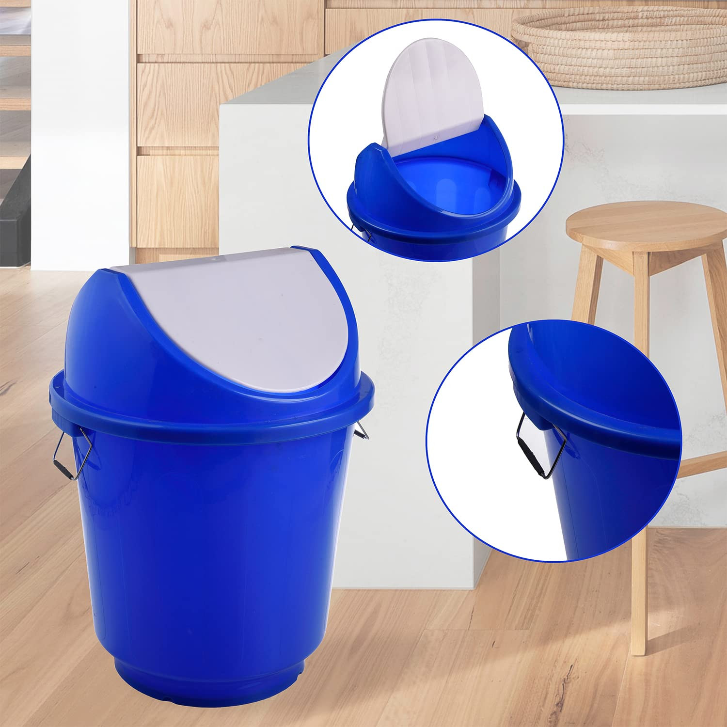 Kuber Industries Swinging Lid DustbinPlastic Garbage Waste BinTrash Can with Handle for BathroomShopOffice25 Liter Blue