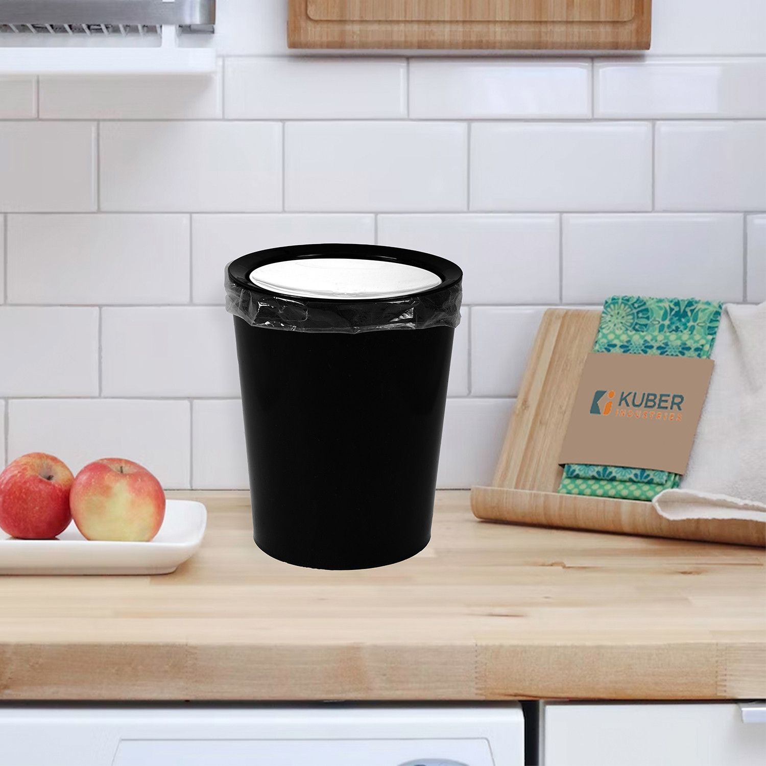Kuber Industries Swinging Lid Dustbin|Plastic Garbage Waste Bin|White Lid Trash Can for Living Room|Kitchen|Office|6 Litre (Black)
