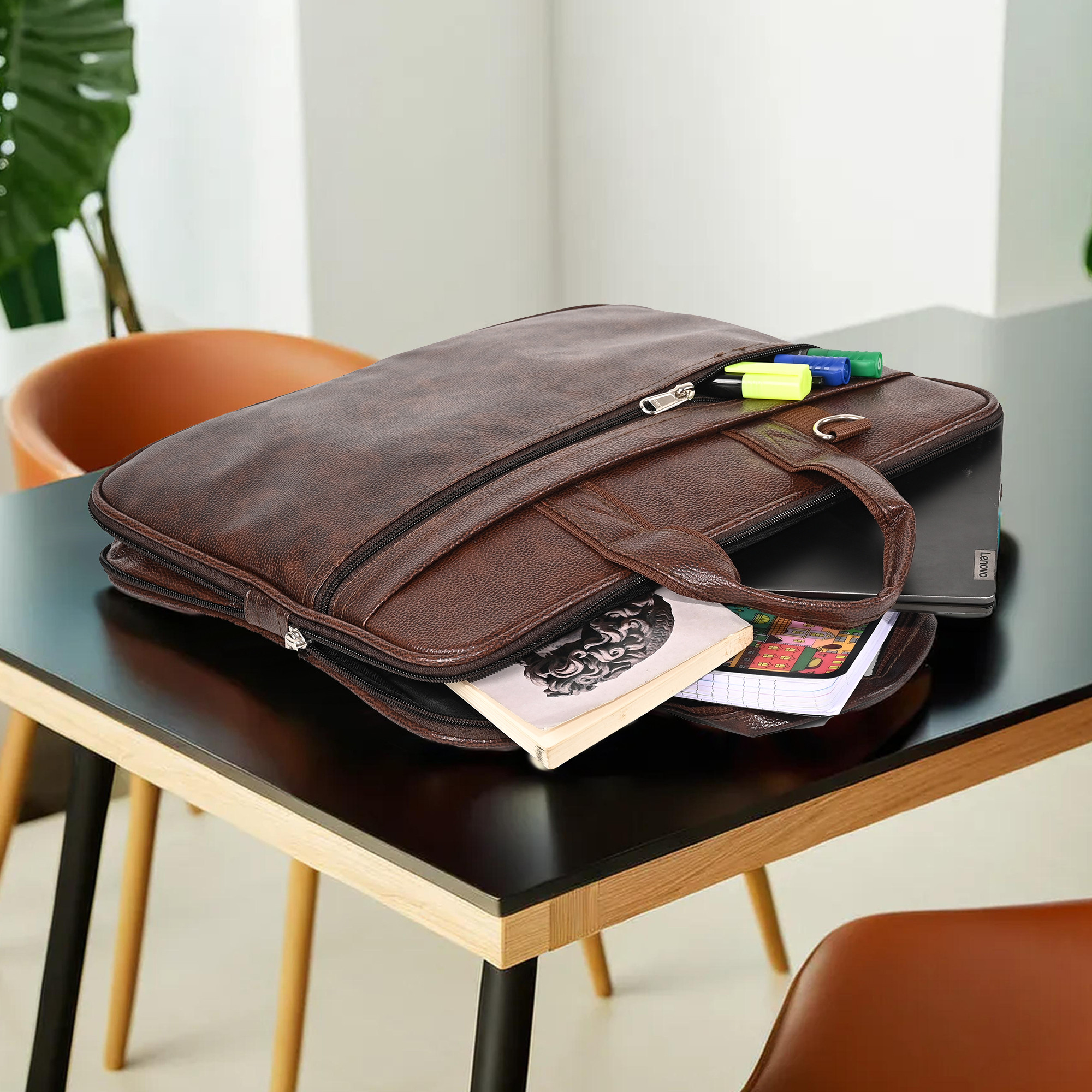 Kuber Industries Synthetic Leather 5 Compartments Waterproof Office Bag For Men  Durable  Spacious Professional Sling  Hand Bag For Mens Work  Travel  Brown