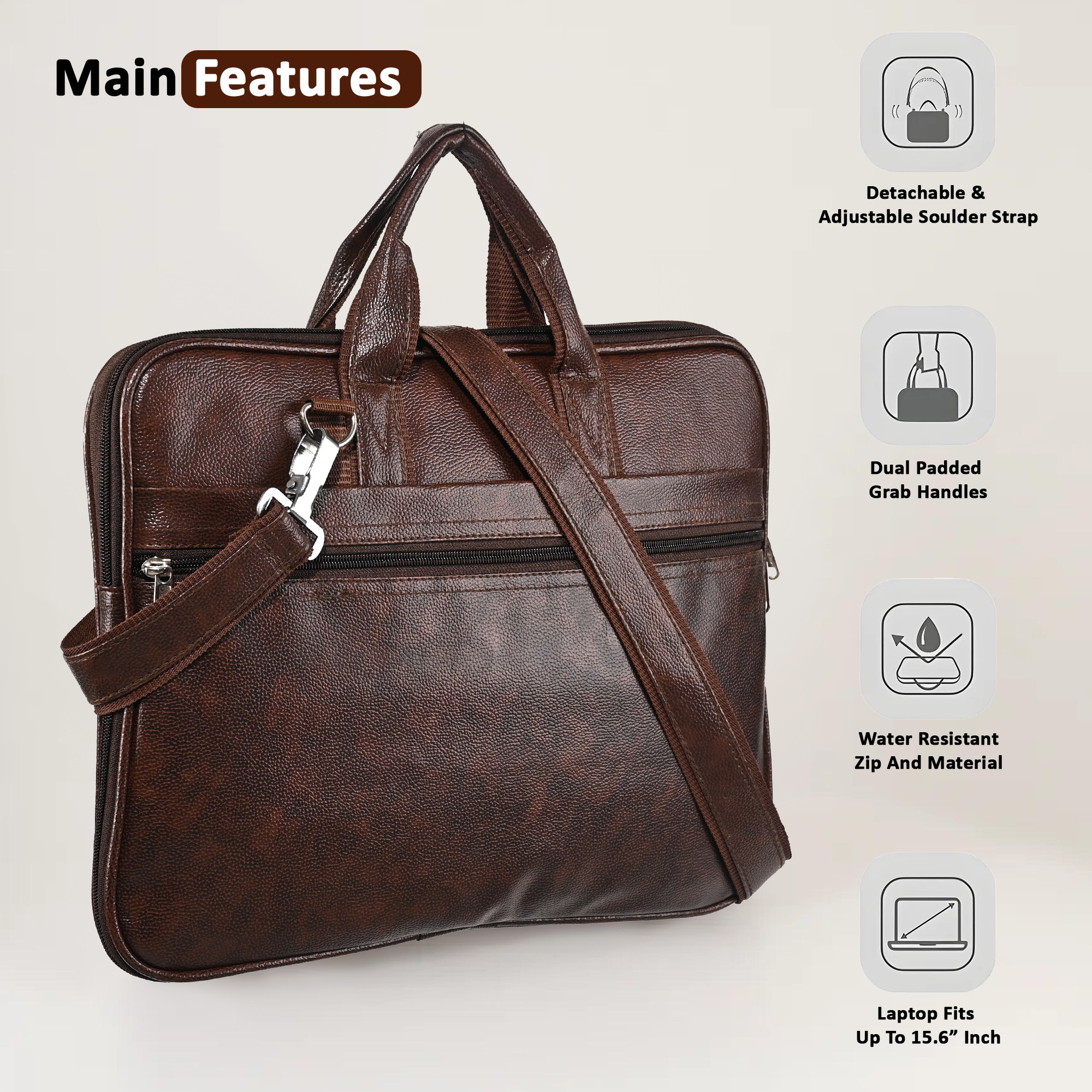 Kuber Industries Synthetic Leather 5 Compartments Waterproof Office Bag For Men  Durable  Spacious Professional Sling  Hand Bag For Mens Work  Travel  Brown