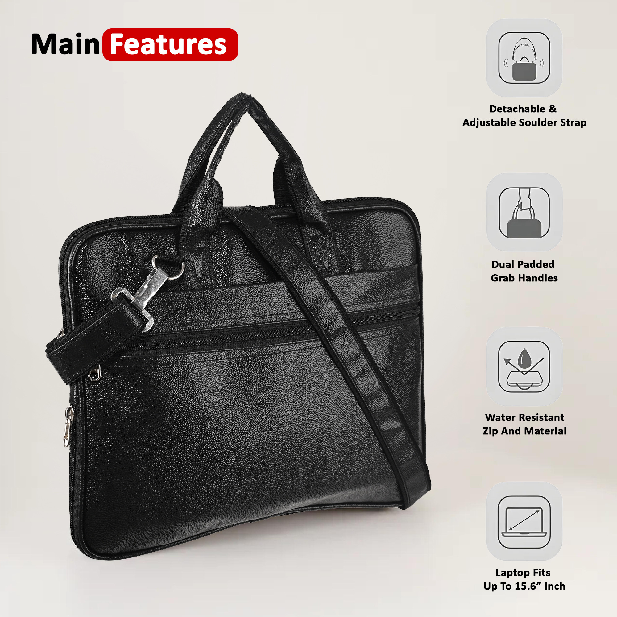 Kuber Industries Synthetic Leather 5 Compartments Waterproof Office Bag For Men  Durable  Spacious Professional Sling  Hand Bag For Mens Work  Travel  Black