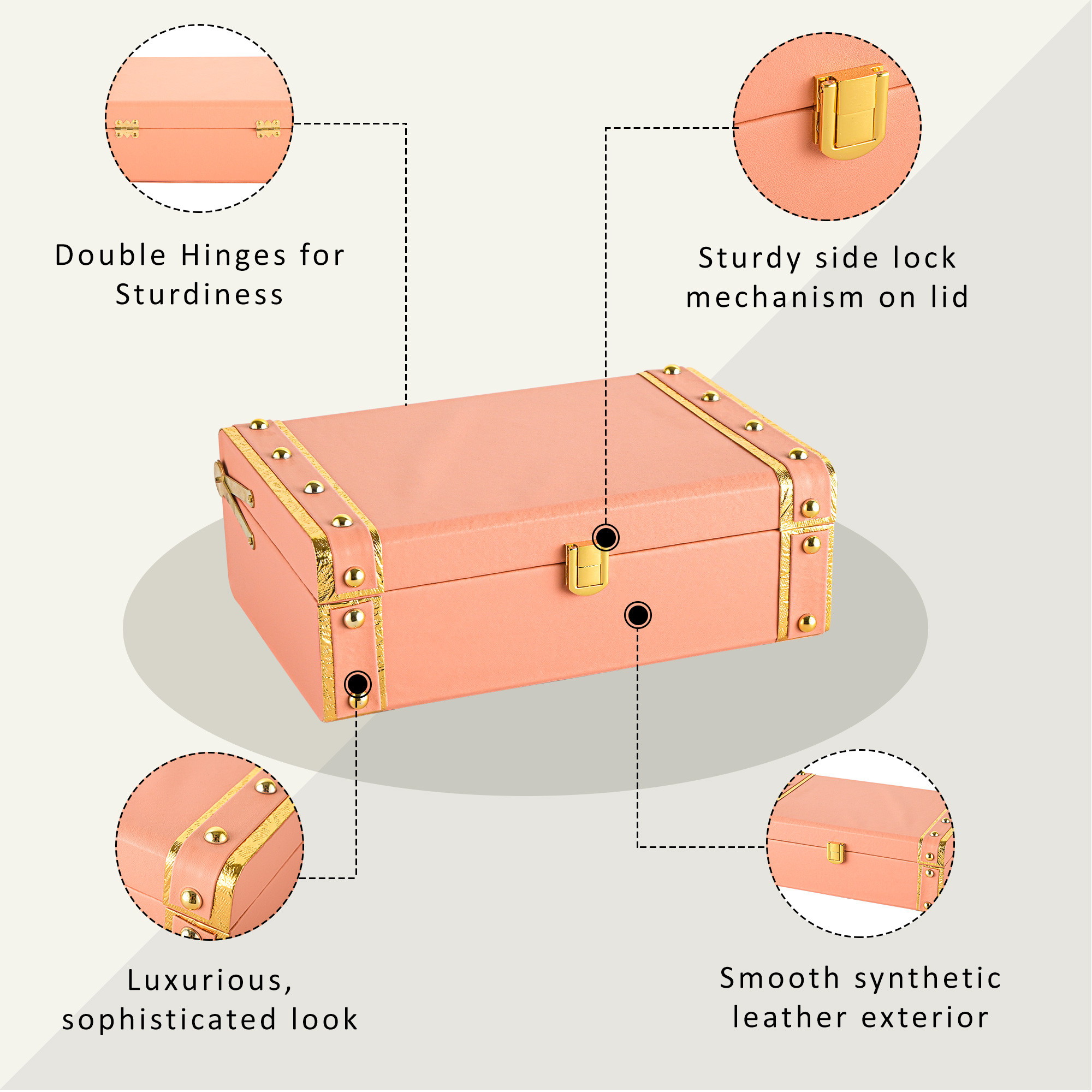 Kuber Industries Synthetic Leather Trunk BoxJewellery Organisers Storage Box with Lock  OrnamentJewellery Gift Box for Women  Jewel Organizer Case for Gifting  Pink