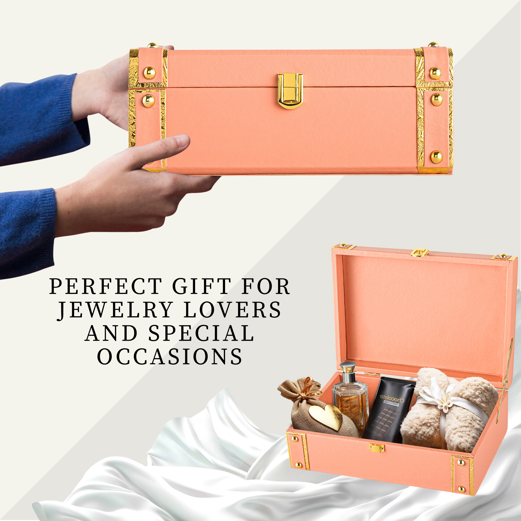 Kuber Industries Synthetic Leather Trunk BoxJewellery Organisers Storage Box with Lock  OrnamentJewellery Gift Box for Women  Jewel Organizer Case for Gifting  Pink