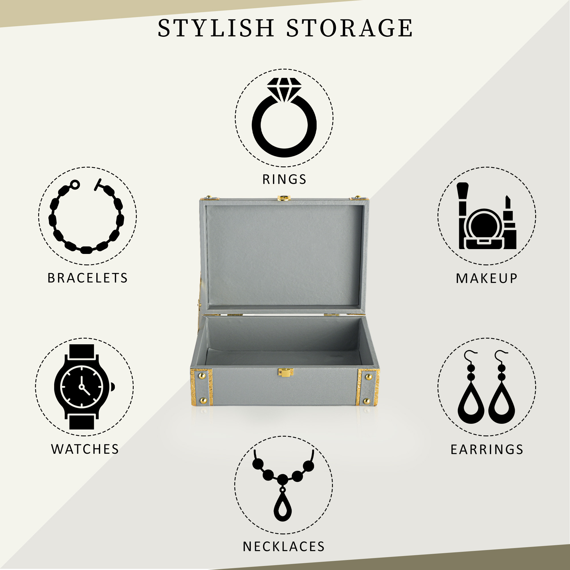 Kuber Industries Synthetic Leather Trunk BoxJewellery Organisers Storage Box with Lock  OrnamentJewellery Gift Box for Women  Jewel Organizer Case for Gifting  Grey