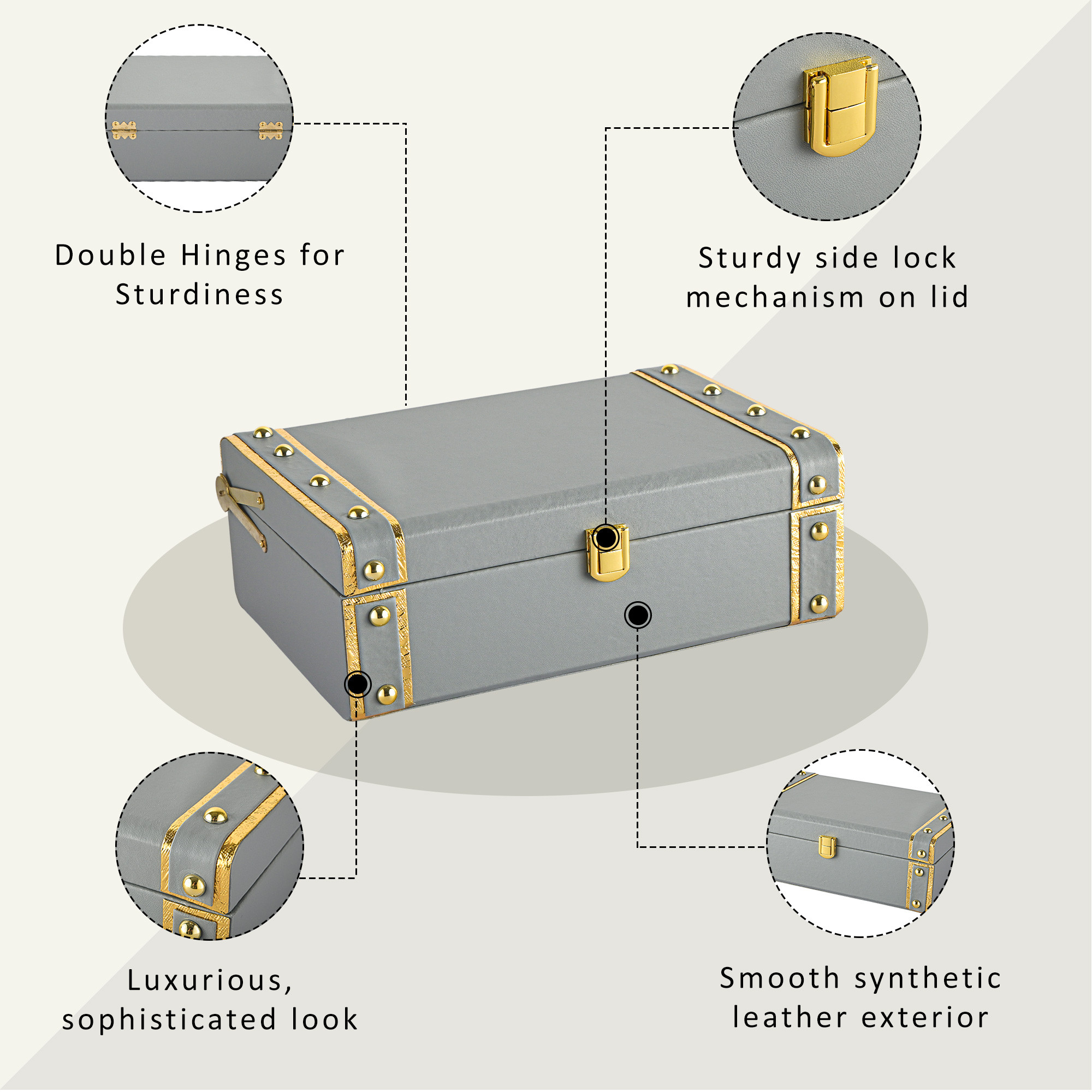 Kuber Industries Synthetic Leather Trunk BoxJewellery Organisers Storage Box with Lock  OrnamentJewellery Gift Box for Women  Jewel Organizer Case for Gifting  Grey