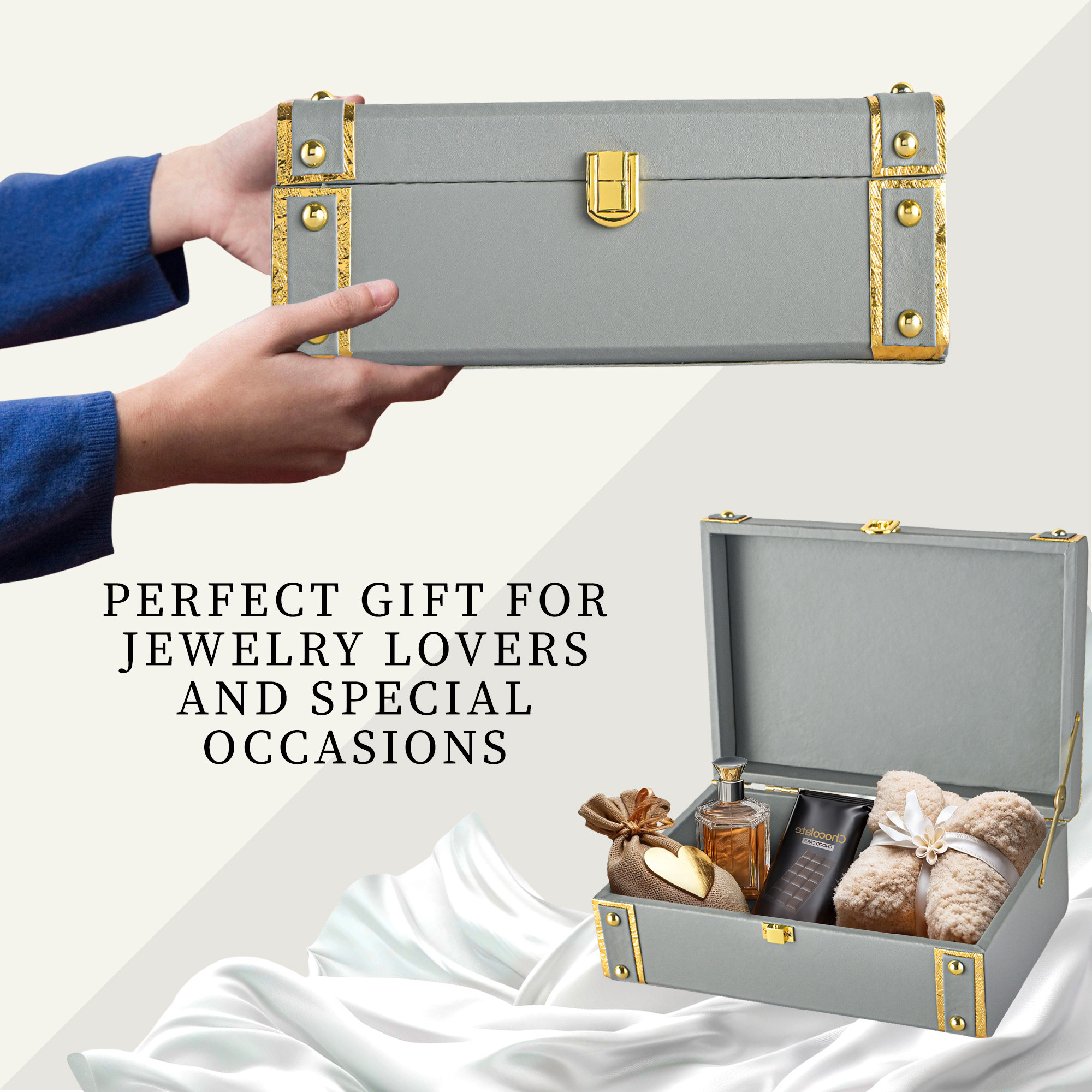 Kuber Industries Synthetic Leather Trunk BoxJewellery Organisers Storage Box with Lock  OrnamentJewellery Gift Box for Women  Jewel Organizer Case for Gifting  Grey