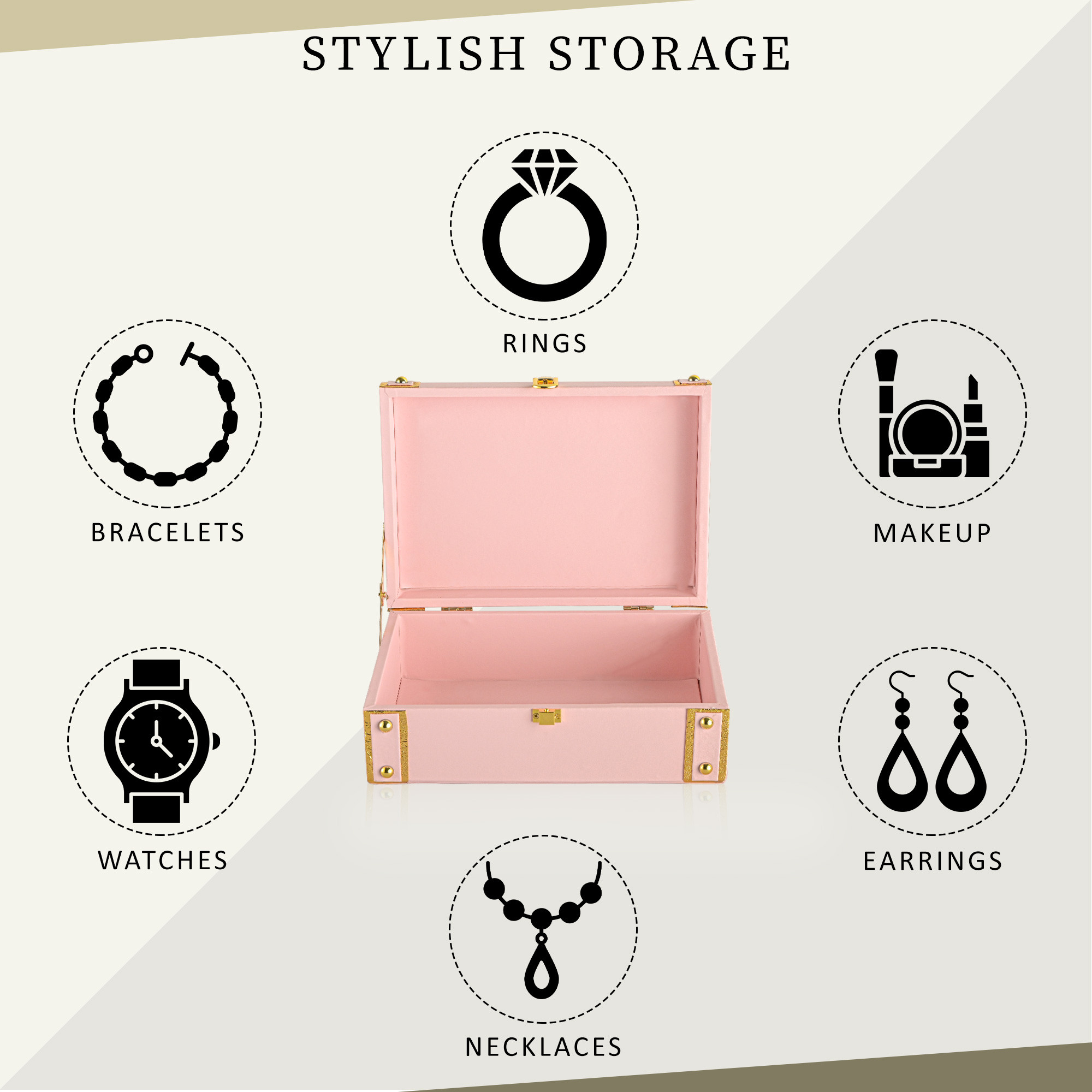 Kuber Industries Synthetic Leather Trunk BoxJewellery Organisers Storage Box with Lock  OrnamentJewellery Gift Box for Women  Jewel Organizer Case for Gifting  Baby Pink