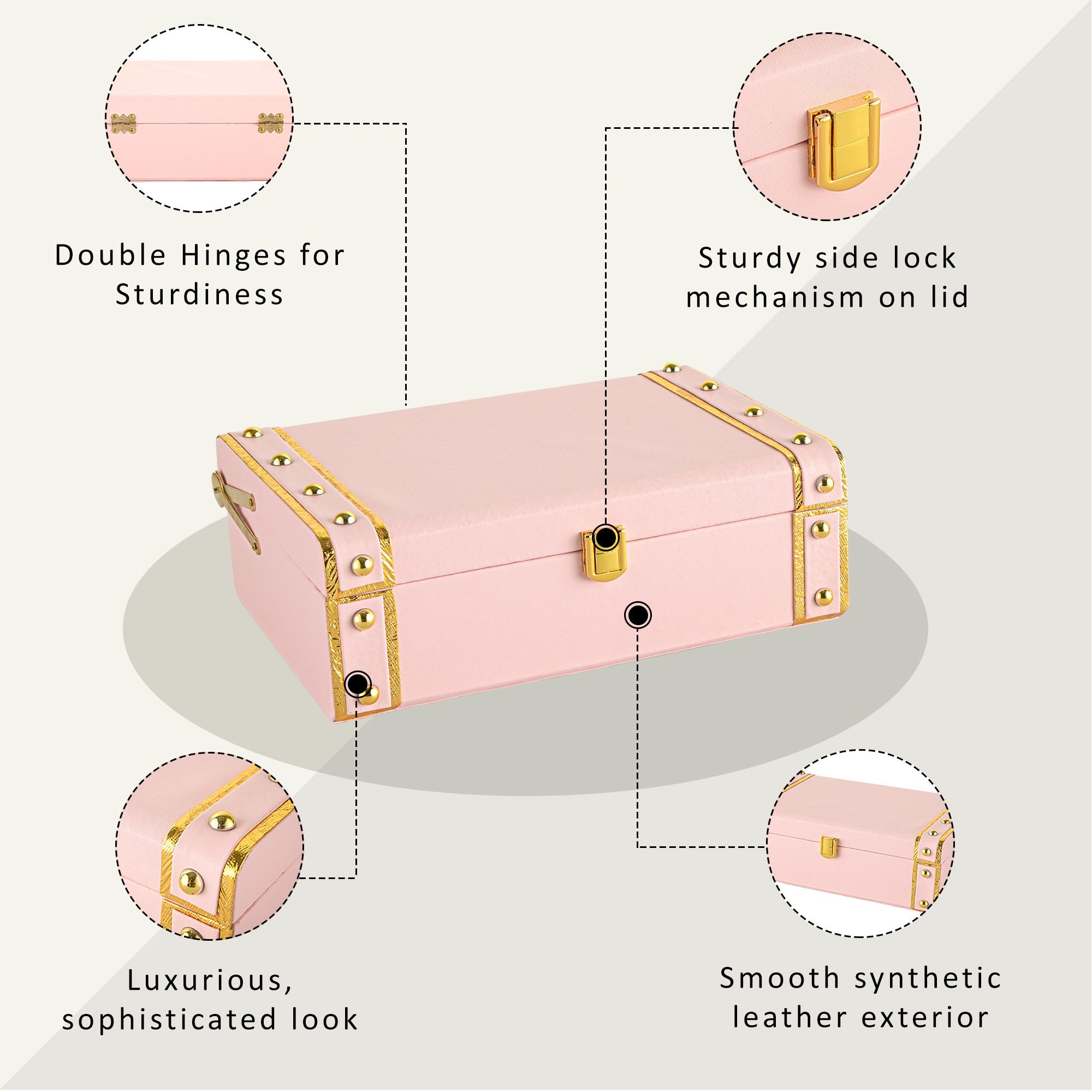 Kuber Industries Synthetic Leather Trunk BoxJewellery Organisers Storage Box with Lock  OrnamentJewellery Gift Box for Women  Jewel Organizer Case for Gifting  Baby Pink
