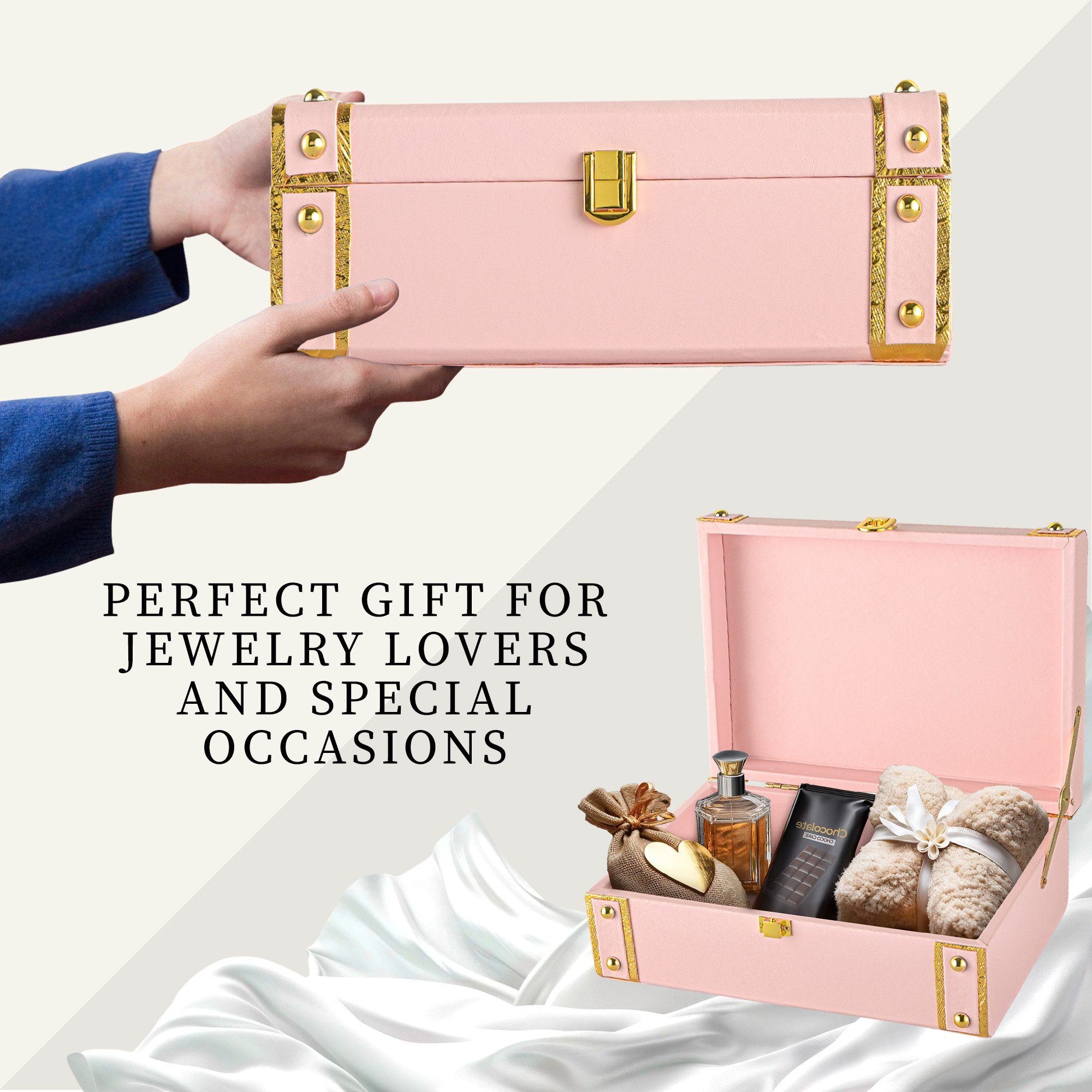 Kuber Industries Synthetic Leather Trunk BoxJewellery Organisers Storage Box with Lock  OrnamentJewellery Gift Box for Women  Jewel Organizer Case for Gifting  Baby Pink