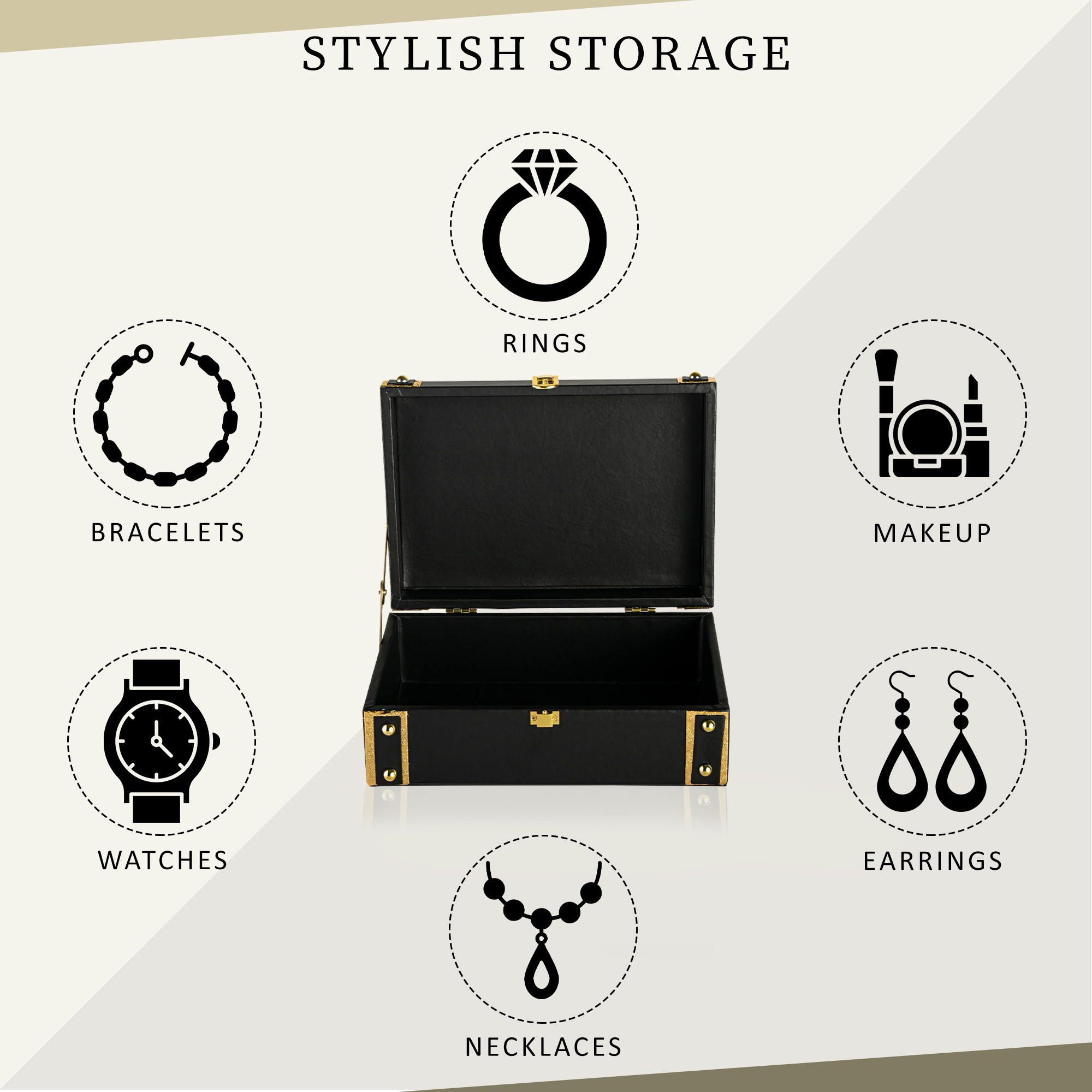 Kuber Industries Synthetic Leather Trunk BoxJewellery Organisers Storage Box with Lock  OrnamentJewellery Gift Box for Women  Jewel Organizer Case for Gifting  Black