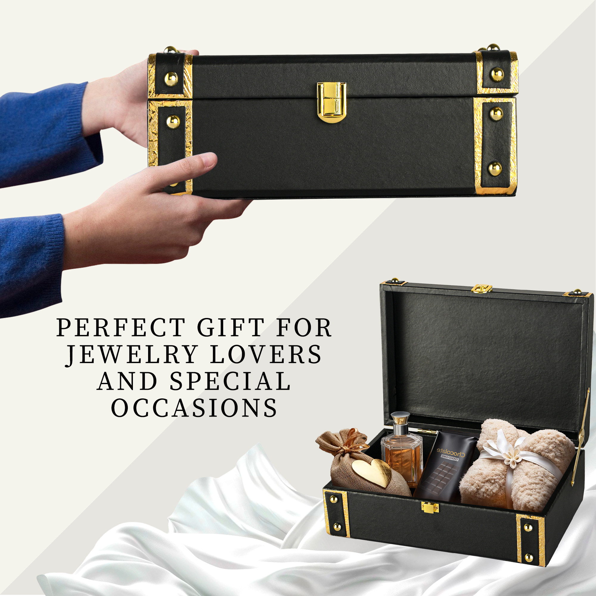 Kuber Industries Synthetic Leather Trunk BoxJewellery Organisers Storage Box with Lock  OrnamentJewellery Gift Box for Women  Jewel Organizer Case for Gifting  Black