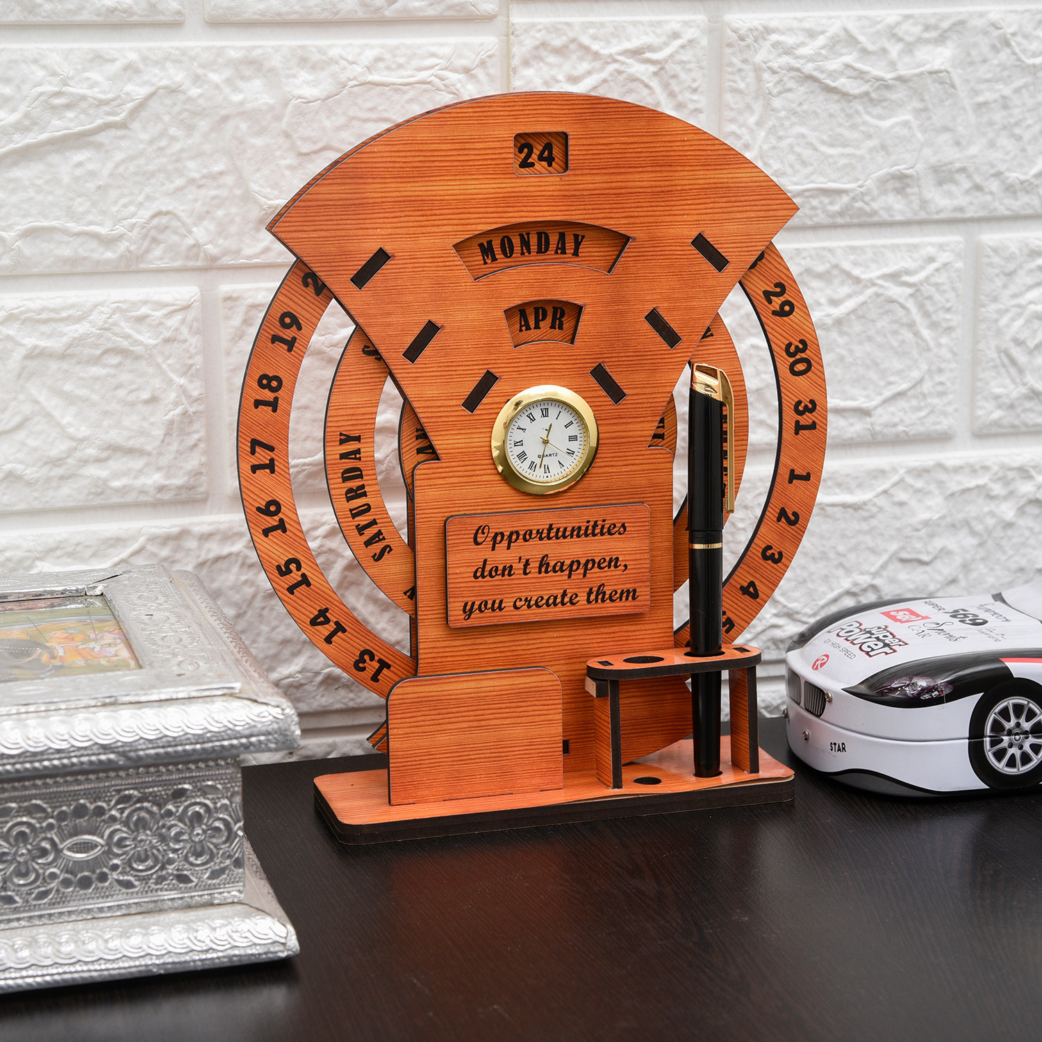 Kuber Industries Table Clock | Wooden Desk Organizer | Infinite Table Calendar | Pen-Pencil Holder | Table Watch Organizer For Home Décor | office | Brown