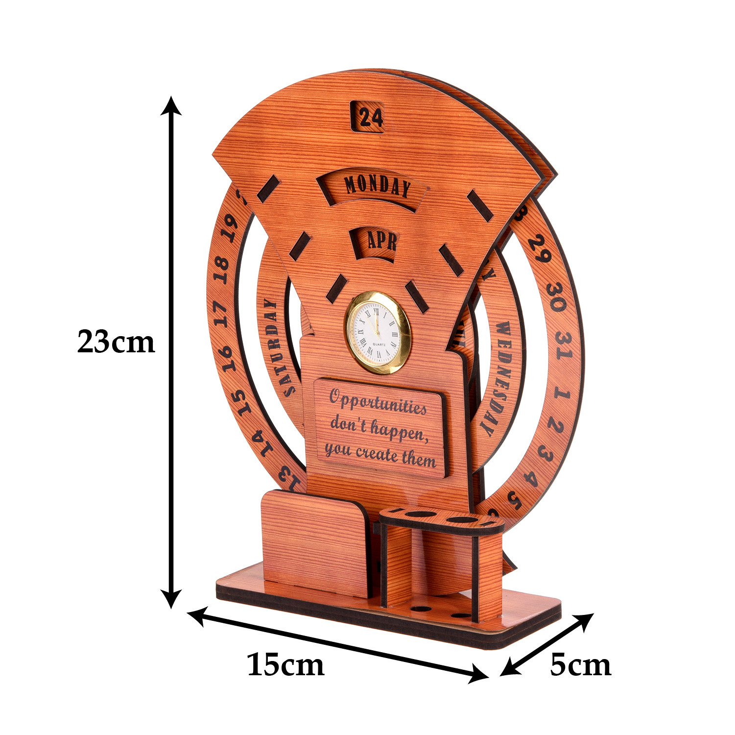 Kuber Industries Table Clock | Wooden Desk Organizer | Infinite Table Calendar | Pen-Pencil Holder | Table Watch Organizer For Home Décor | office | Brown