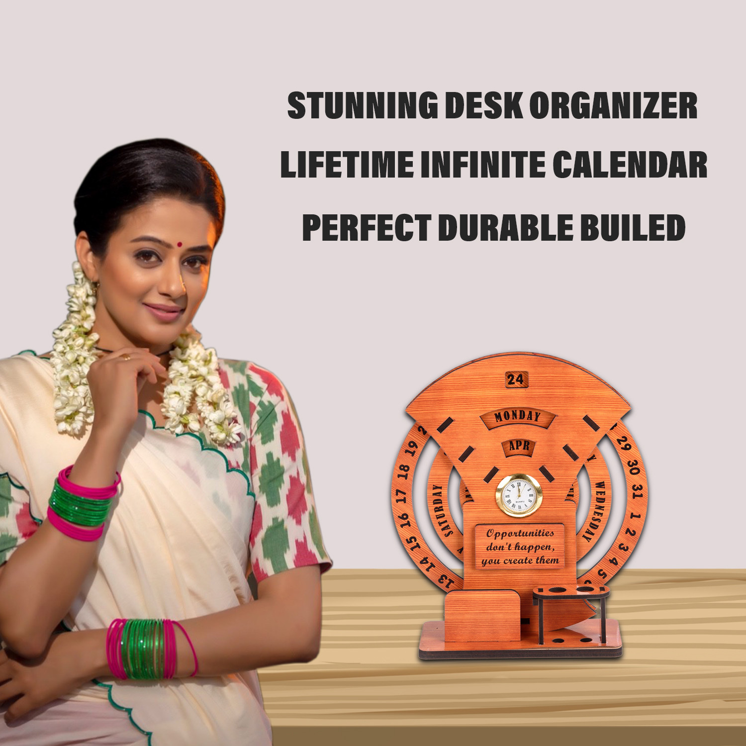 Kuber Industries Table Clock | Wooden Desk Organizer | Infinite Table Calendar | Pen-Pencil Holder | Table Watch Organizer For Home Décor | office | Brown