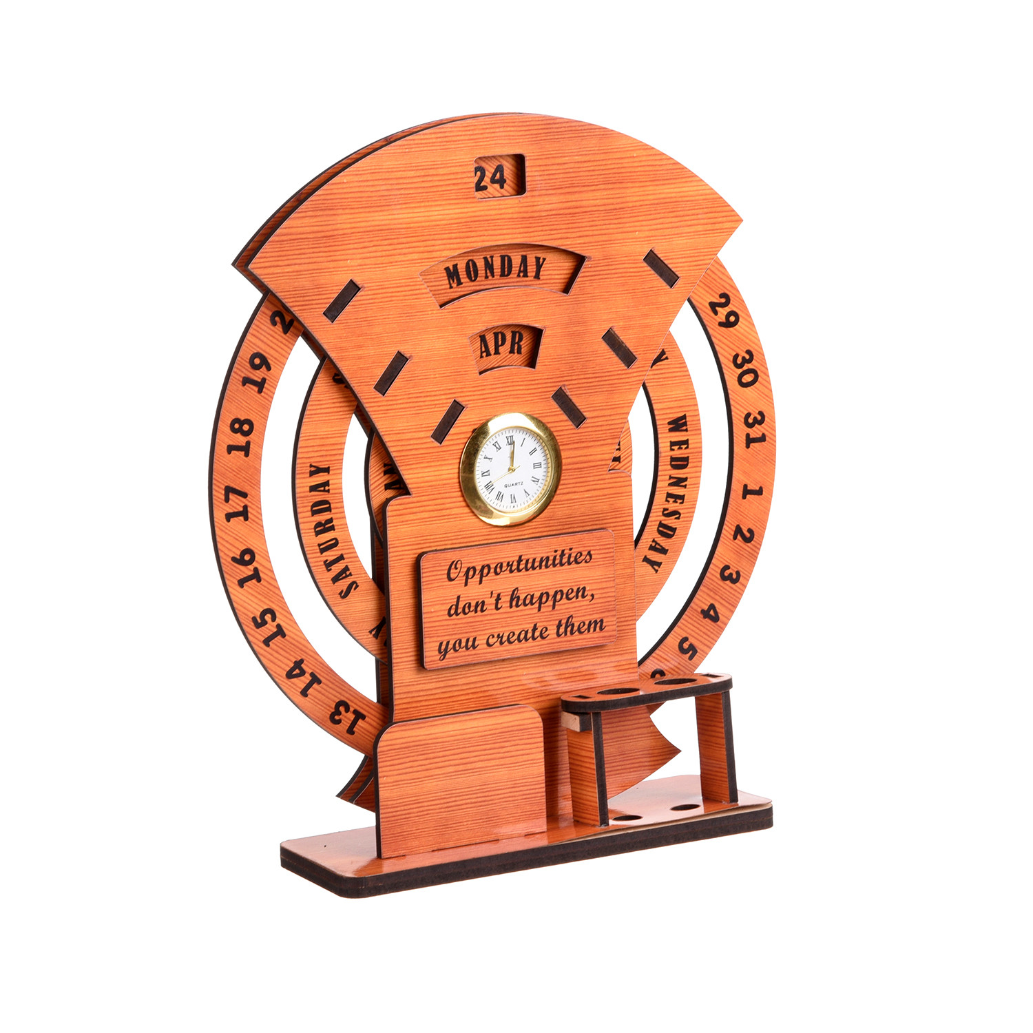 Kuber Industries Table Clock | Wooden Desk Organizer | Infinite Table Calendar | Pen-Pencil Holder | Table Watch Organizer For Home Décor | office | Brown