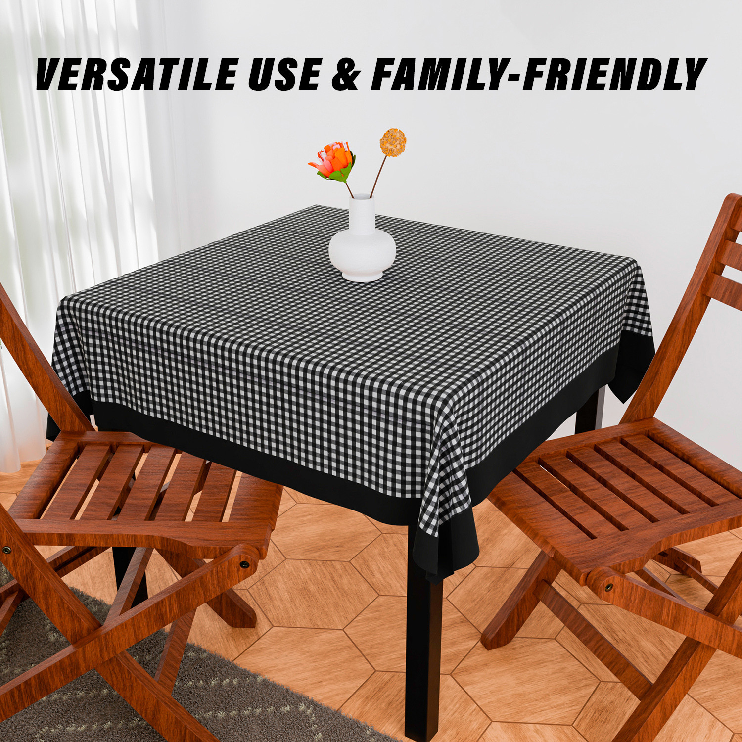 Kuber Industries Table Cover  Cotton Dining Table Cover  Table Cloth  Center Table Cover  Table Cover for Kitchen Table  Barik Check Table Cover for Hall Dcor  54 Inch  Black