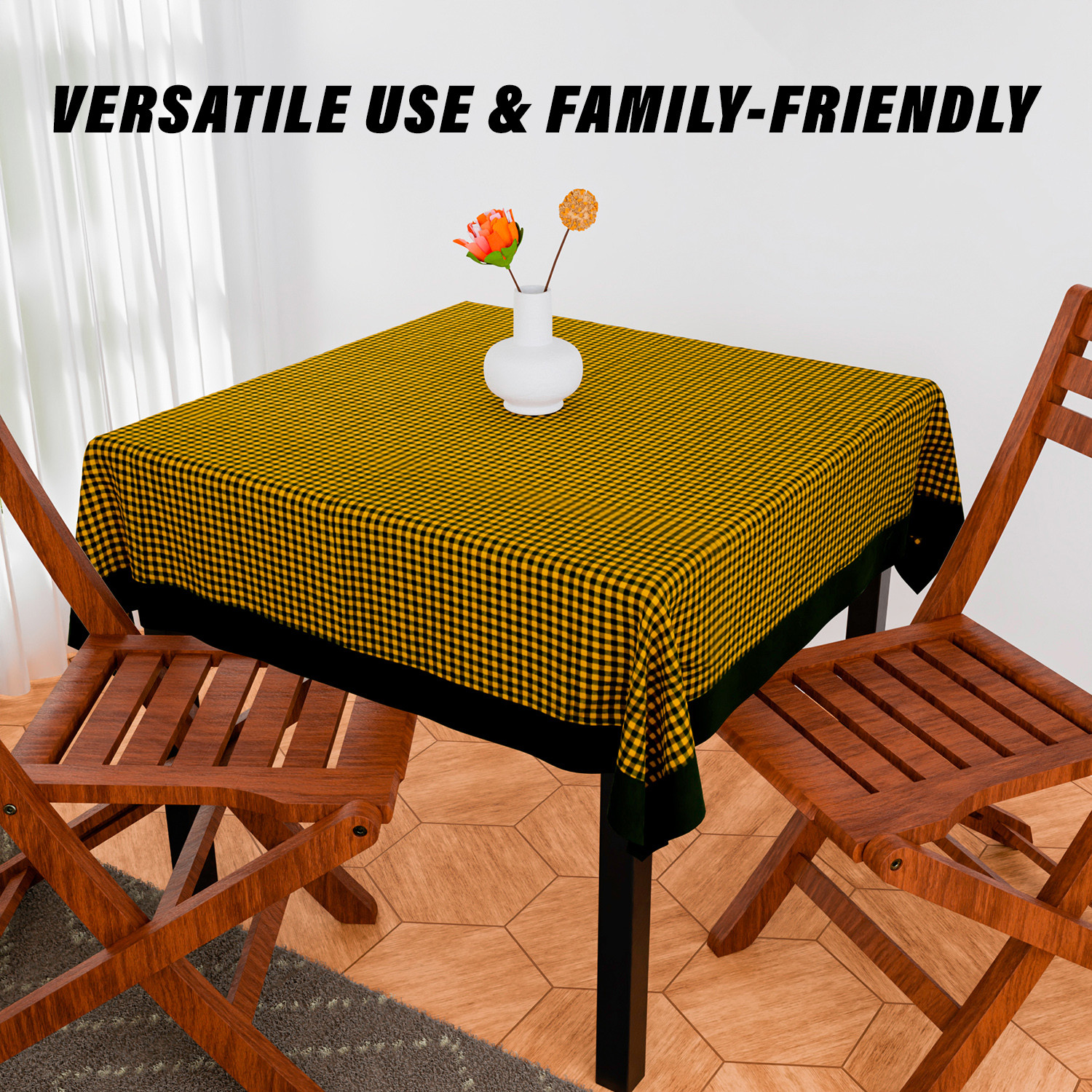 Kuber Industries Table Cover  Cotton Dining Table Cover  Table Cloth  Center Table Cover  Table Cover for Kitchen Table  Barik Check Table Cover for Hall Dcor  54 Inch  Yellow