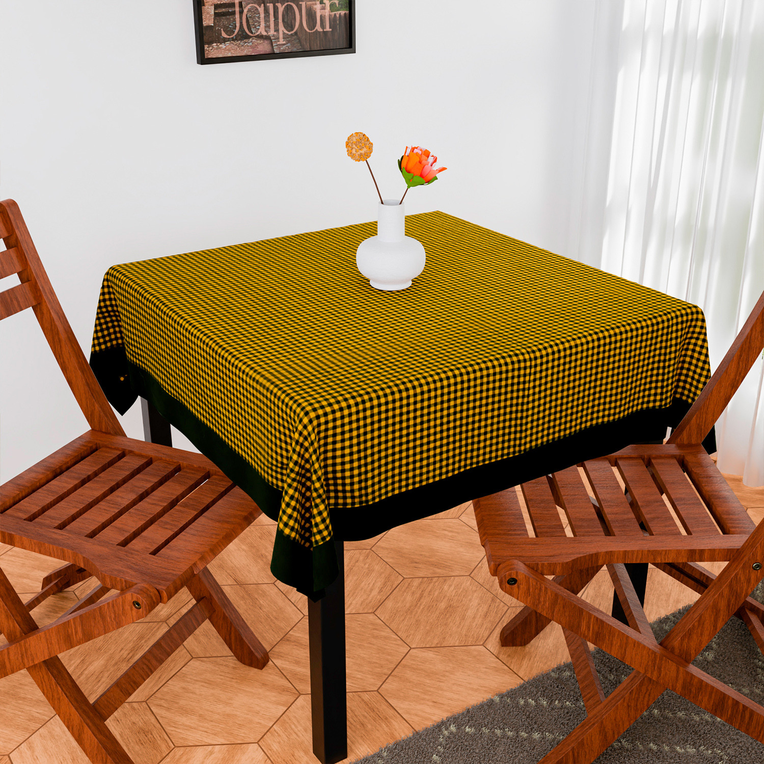 Kuber Industries Table Cover | Cotton Dining Table Cover | Table Cloth | Center Table Cover | Table Cover for Kitchen Table | Barik Check Table Cover for Hall Décor | 54 Inch | Yellow
