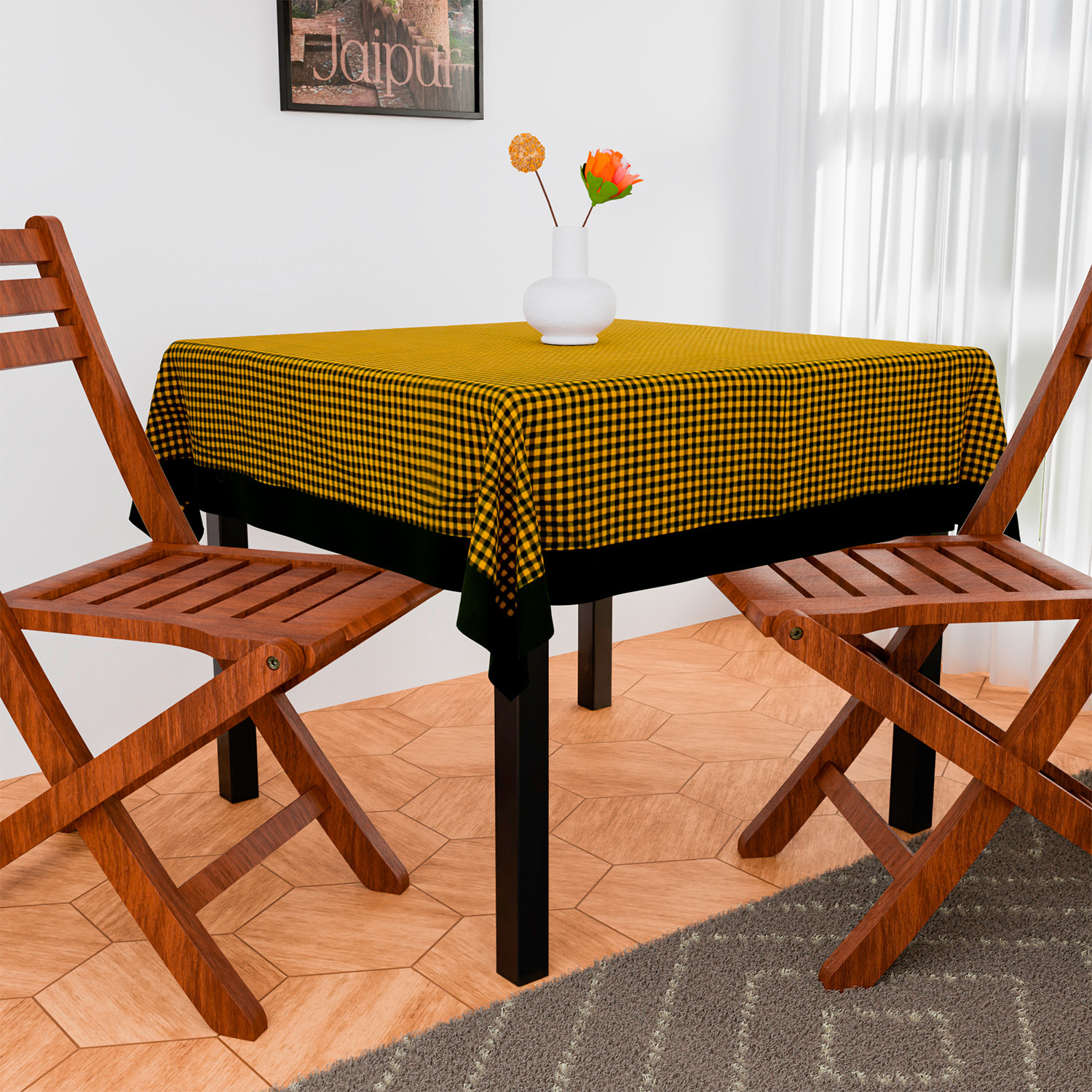 Kuber Industries Table Cover | Cotton Dining Table Cover | Table Cloth | Center Table Cover | Table Cover for Kitchen Table | Barik Check Table Cover for Hall Décor | 54 Inch | Yellow