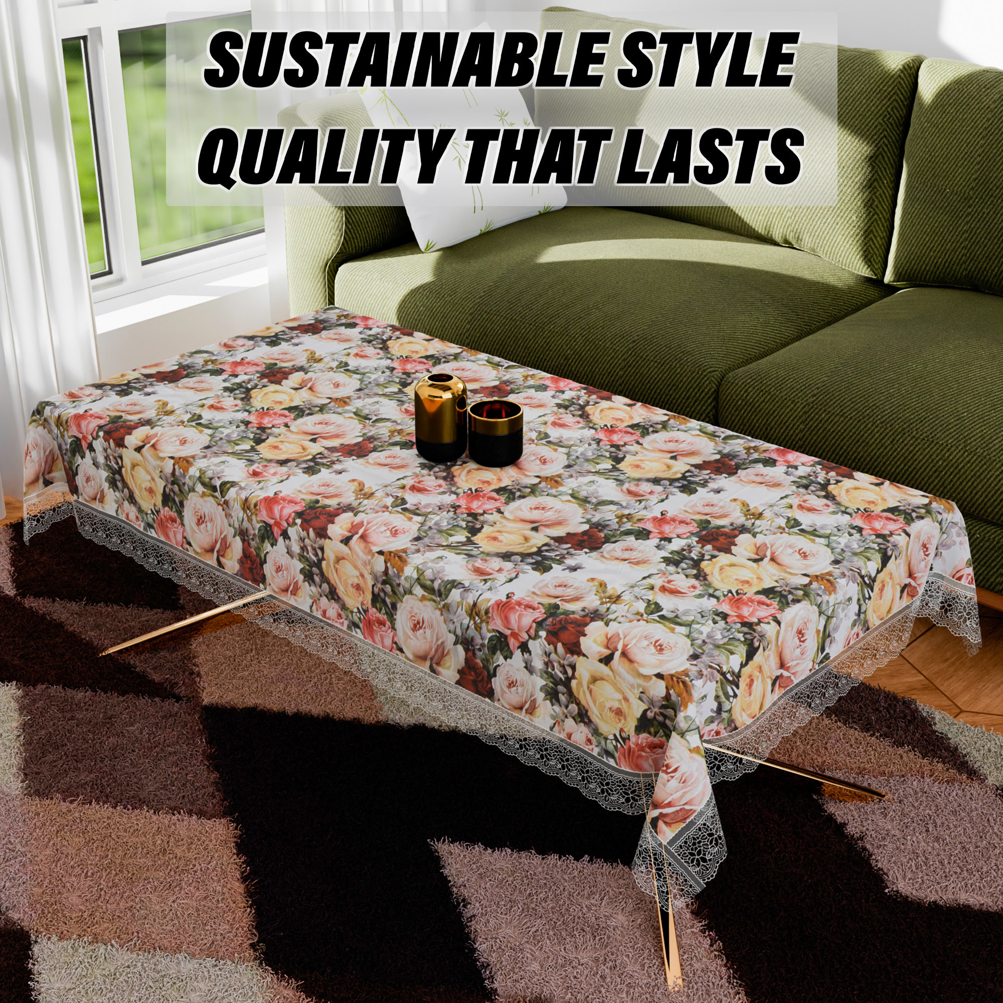 Kuber Industries Table Cover  Dining Table Cloth Cover  Center Table Cover  Reversable Table Cover for Kitchen Table  Gulab Table Cover for Hall Dcor  36x54 Inch  White