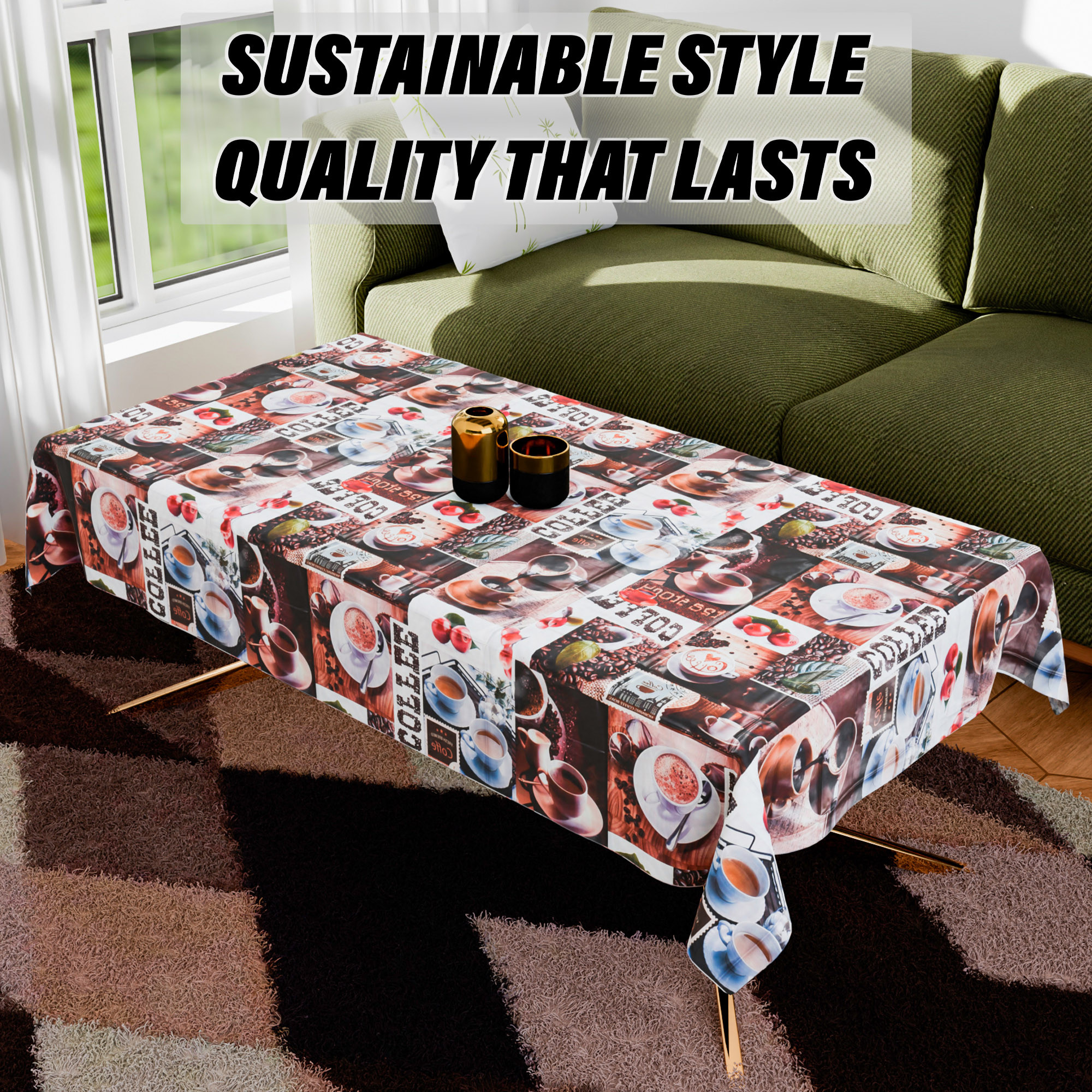 Kuber Industries Table Cover  Dining Table Cloth Cover  Center Table Cover  Reversable Table Cover for Kitchen Table  Cup-Design Table Cover for Hall Dcor  36x54 Inch  Coffee