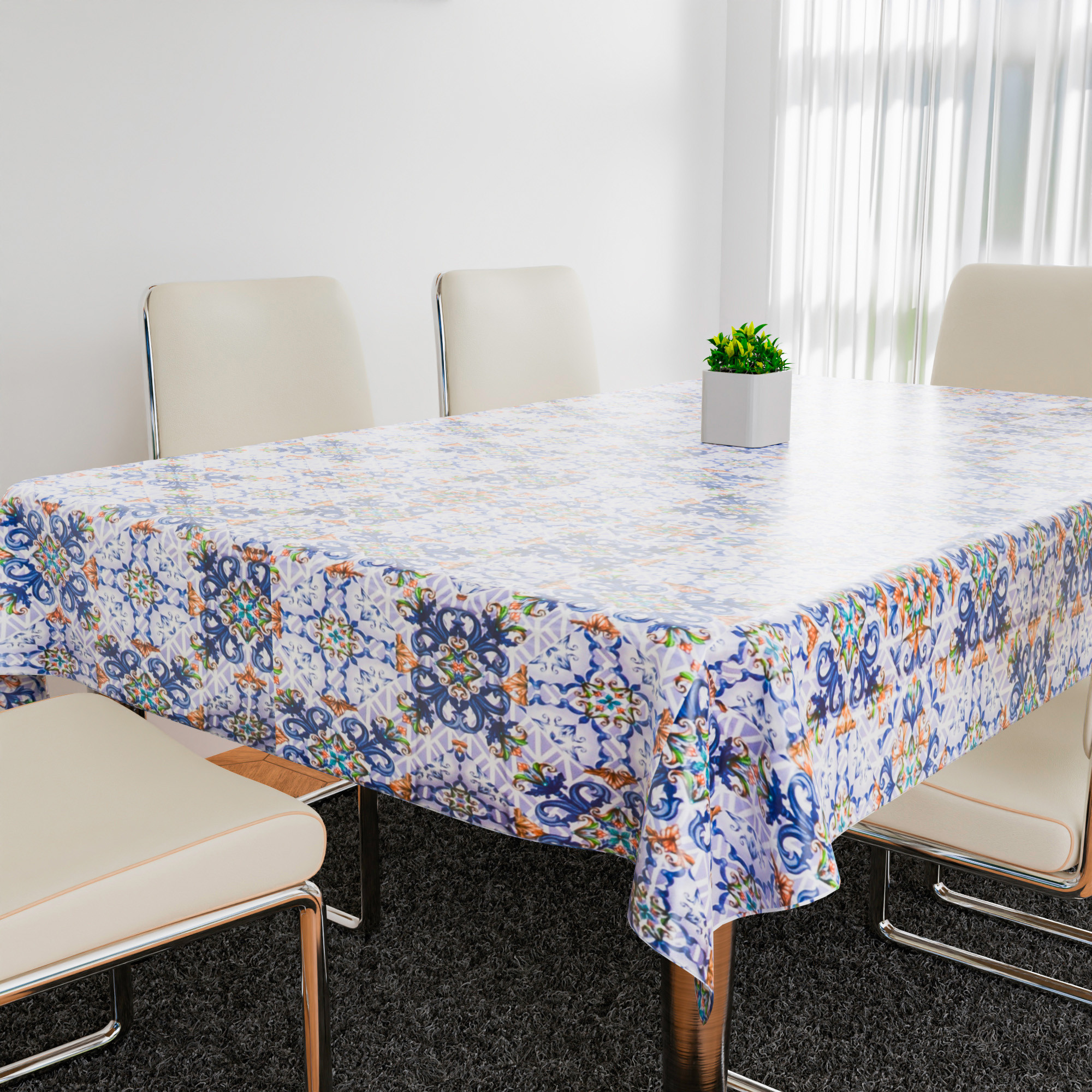 Kuber Industries Table Cover  Dining Table Cover  Center Table Cover  Reversable Table Cover for Kitchen Table  Star Flower Table Cover for Hall Dcor  54x84 Inch  Blue