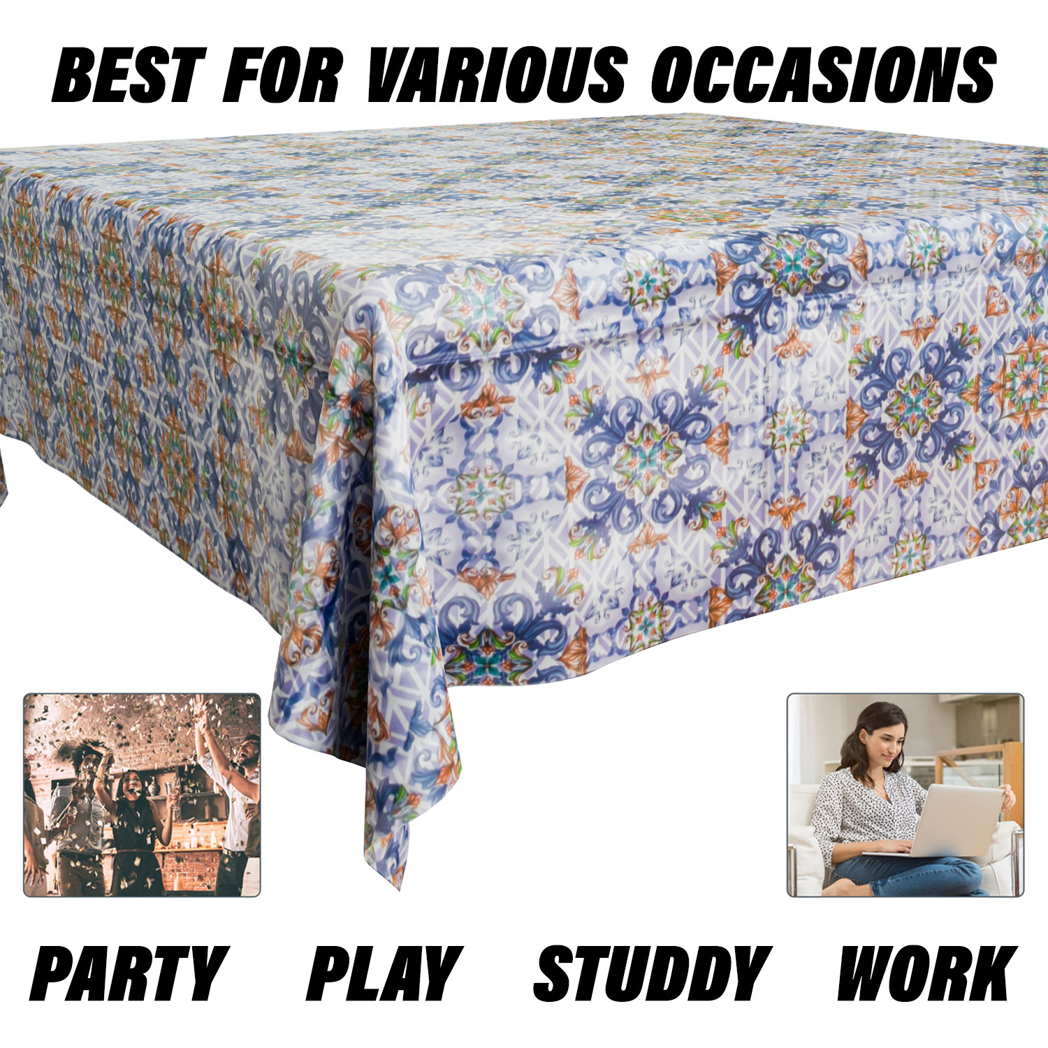 Kuber Industries Table Cover | Dining Table Cover | Center Table Cover | Reversable Table Cover for Kitchen Table | Star Flower Table Cover for Hall Décor | 54x54 Inch | Blue