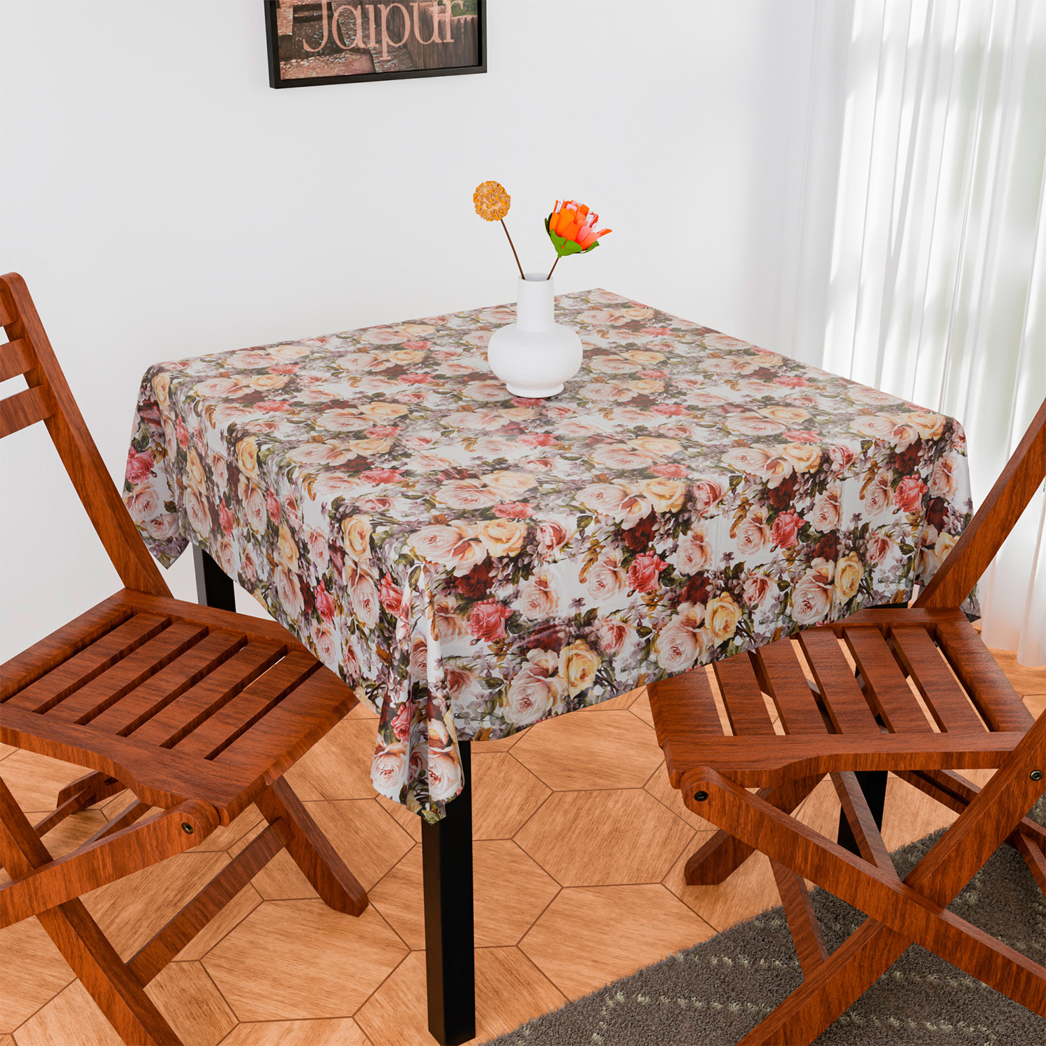 Kuber Industries Table Cover | Dining Table Cover | Center Table Cover | Reversable Table Cover for Kitchen Table | Gulab Design Table Cover for Hall Décor | 54x54 Inch | White
