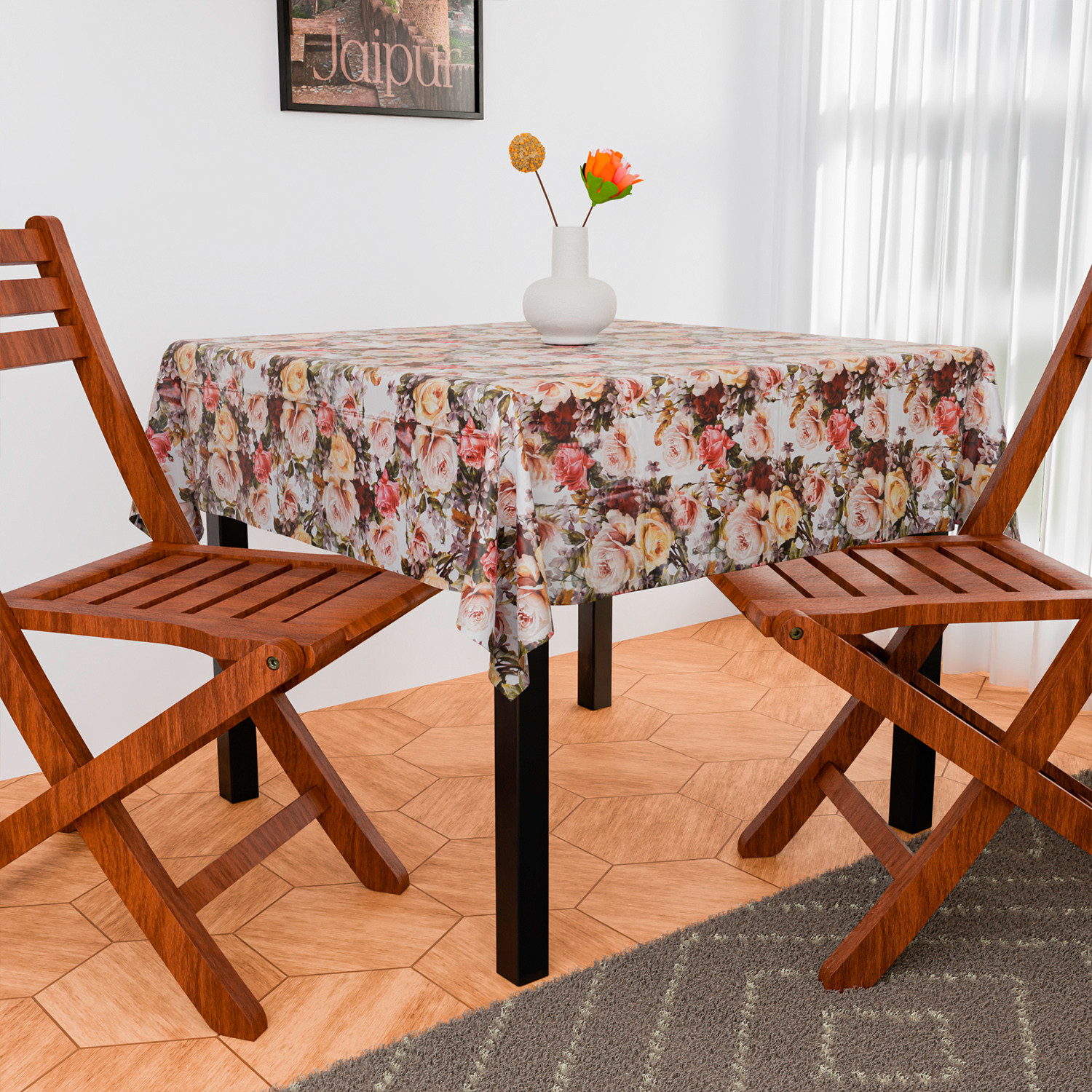 Kuber Industries Table Cover | Dining Table Cover | Center Table Cover | Reversable Table Cover for Kitchen Table | Gulab Design Table Cover for Hall Décor | 54x54 Inch | White