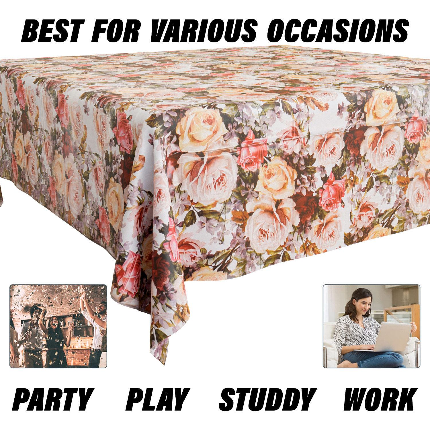 Kuber Industries Table Cover | Dining Table Cover | Center Table Cover | Reversable Table Cover for Kitchen Table | Gulab Design Table Cover for Hall Décor | 54x54 Inch | White