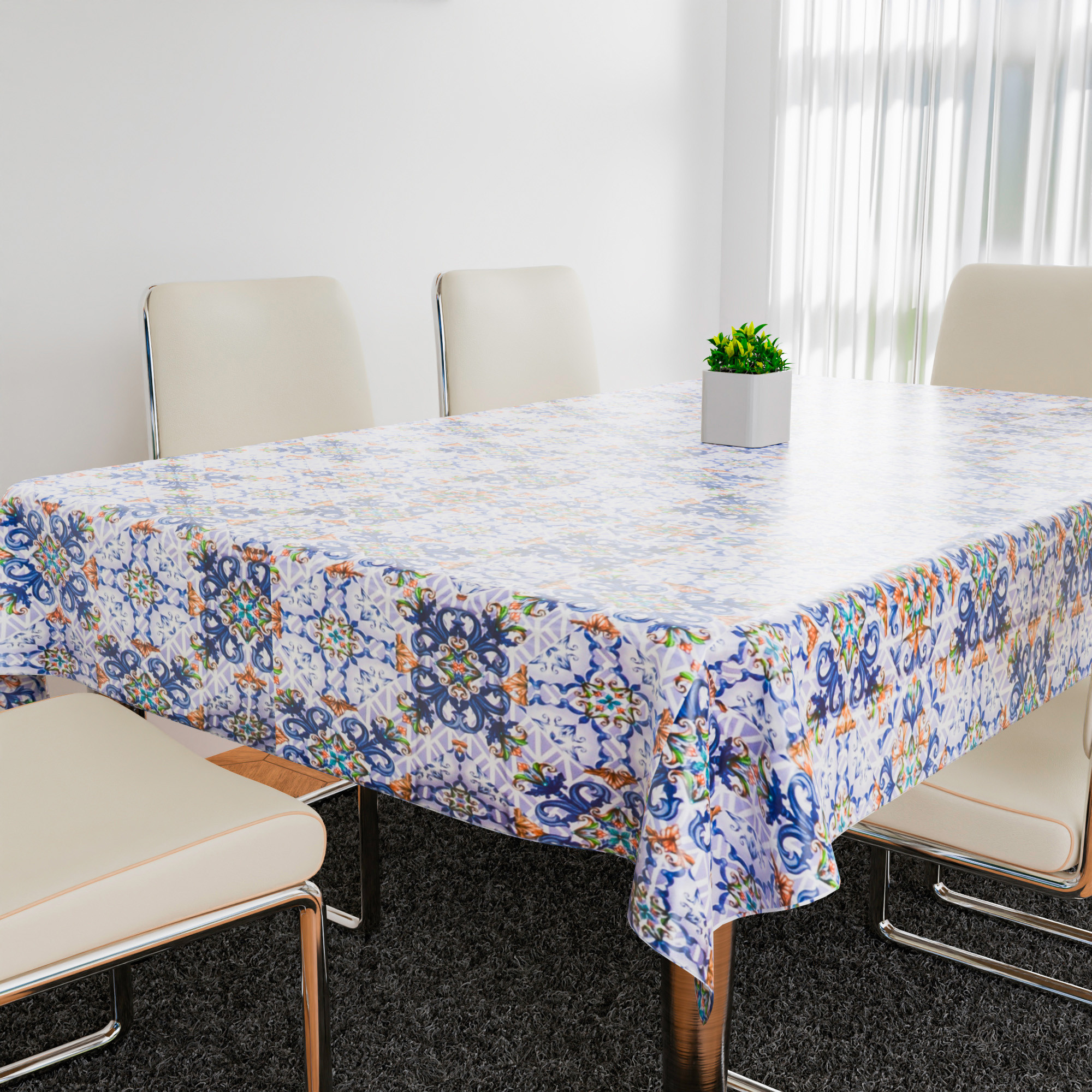 Kuber Industries Table Cover | Dining Table Cover | Center Table Cover | Reversable Table Cover for Kitchen Table | Star Flower Table Cover for Hall Décor | 54x84 Inch | Blue
