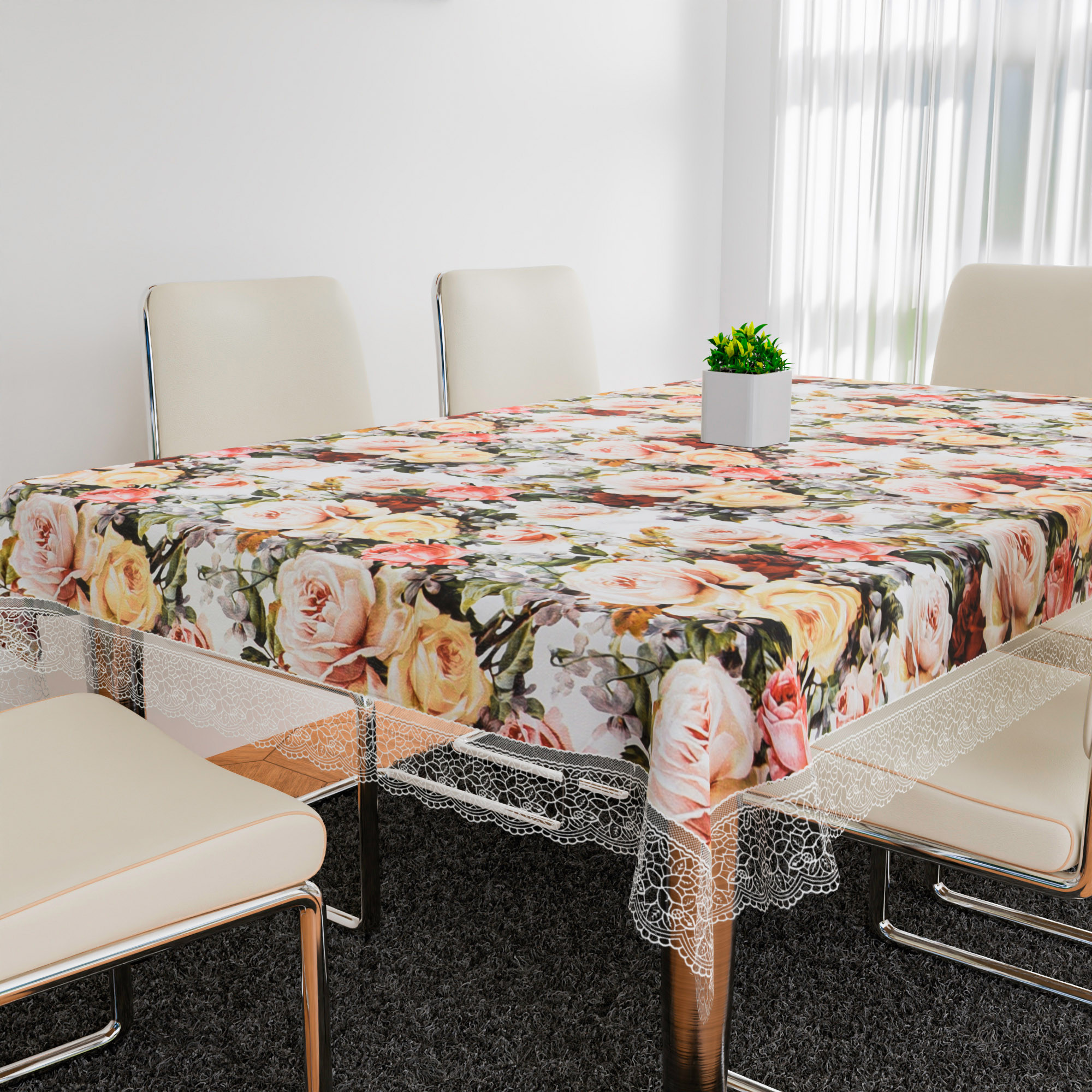 Kuber Industries Table Cover | Dining Table Cover | Center Table Cover | Reversable Table Cover for Kitchen Table | Gulab Design Table Cover for Hall Décor | 54x84 Inch | White