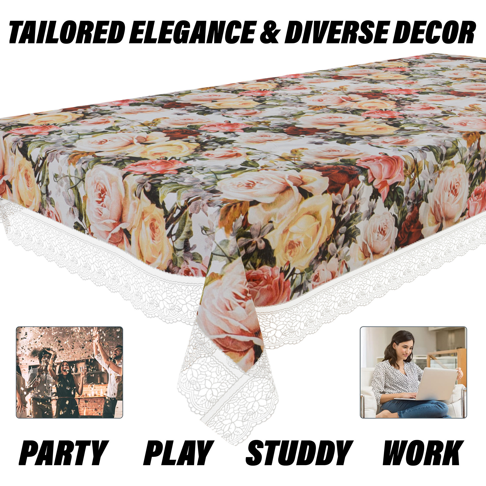 Kuber Industries Table Cover | Dining Table Cover | Center Table Cover | Reversable Table Cover for Kitchen Table | Gulab Design Table Cover for Hall Décor | 54x84 Inch | White