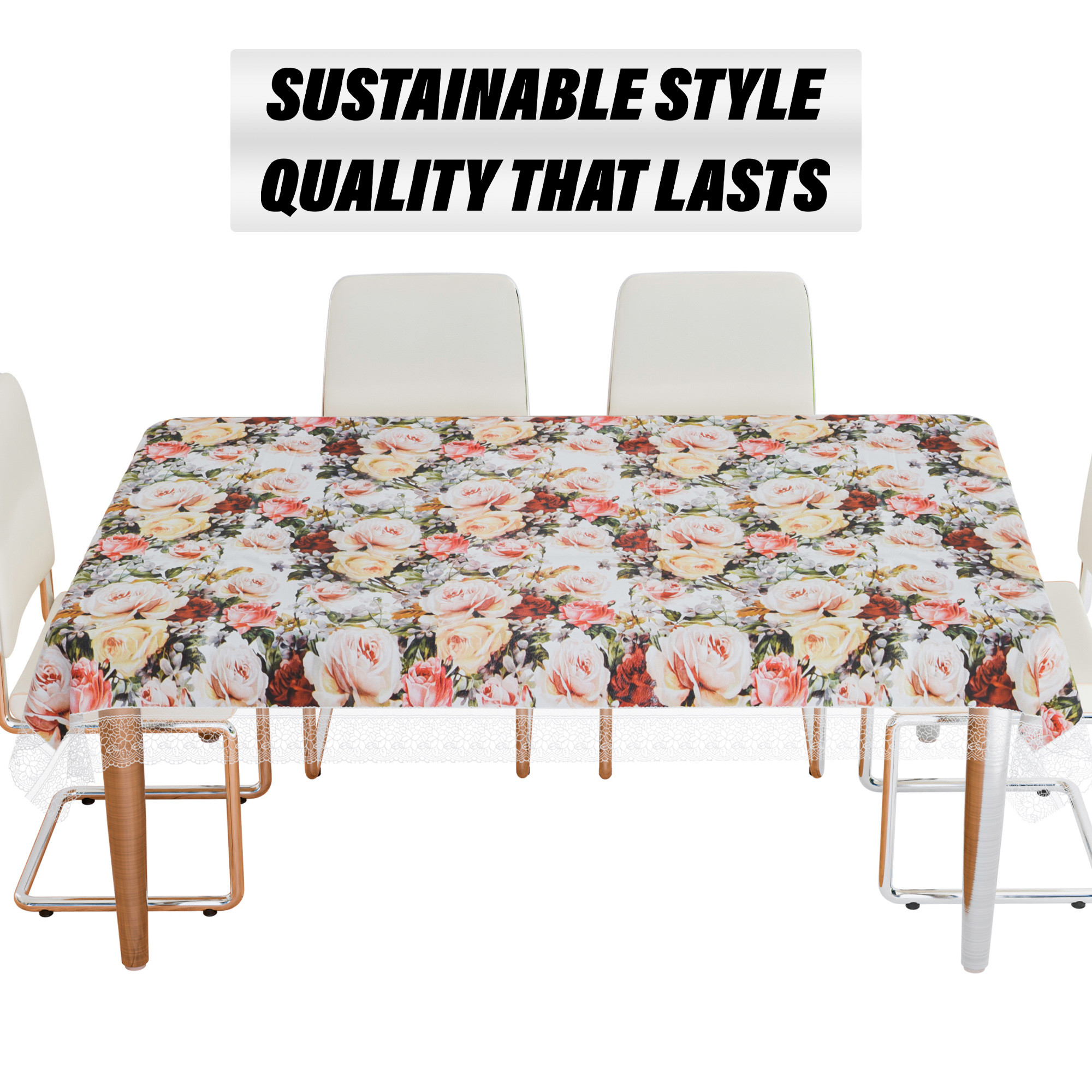 Kuber Industries Table Cover | Dining Table Cover | Center Table Cover | Reversable Table Cover for Kitchen Table | Gulab Design Table Cover for Hall Décor | 54x84 Inch | White