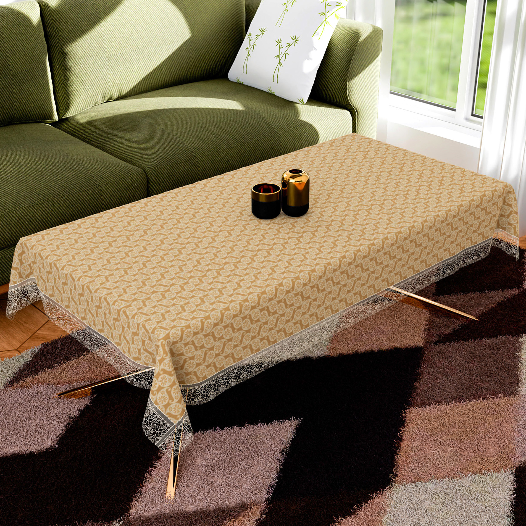 Kuber Industries Table Cover | Dining Table Cover | Center Table Cover | Reversable Table Cover for Kitchen Table | Carry Design Table Cover for Hall Décor | 42x70 Inch | Golden