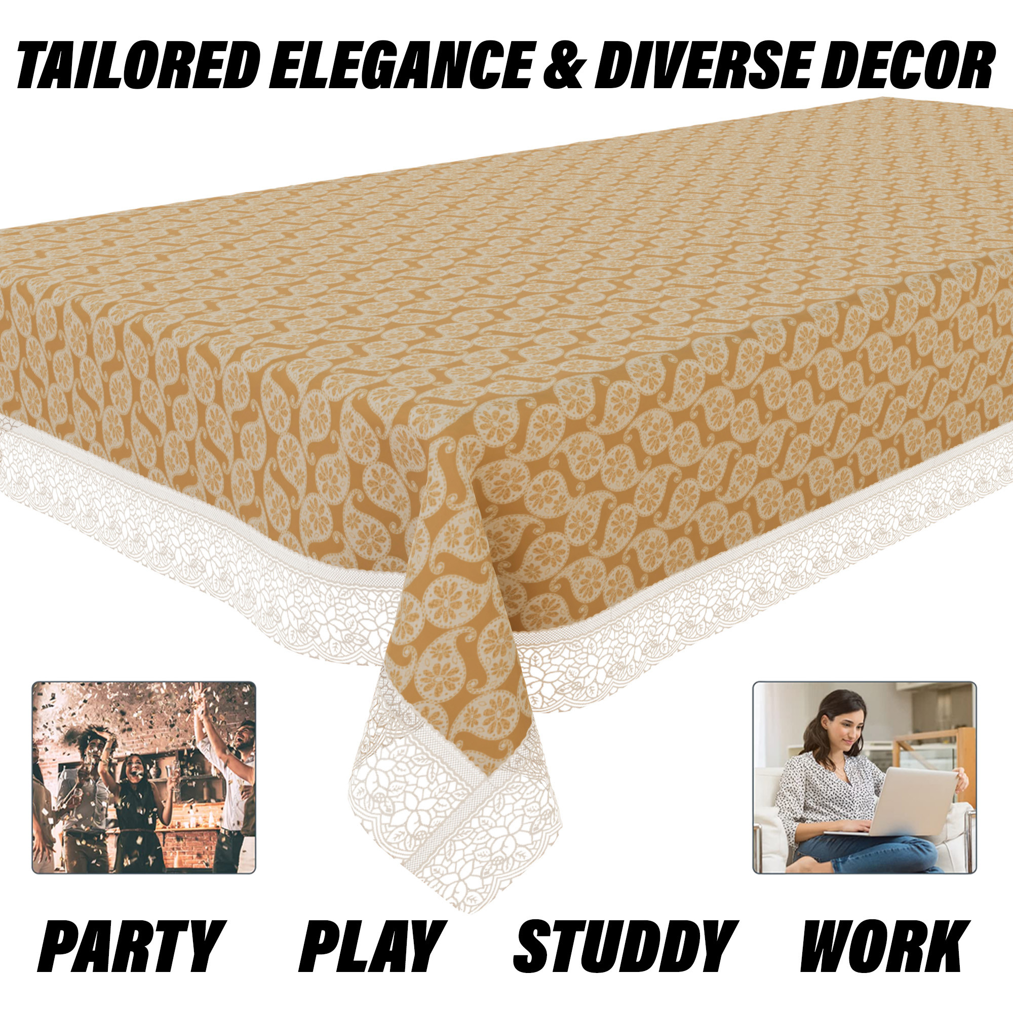 Kuber Industries Table Cover | Dining Table Cover | Center Table Cover | Reversable Table Cover for Kitchen Table | Carry Design Table Cover for Hall Décor | 42x70 Inch | Golden